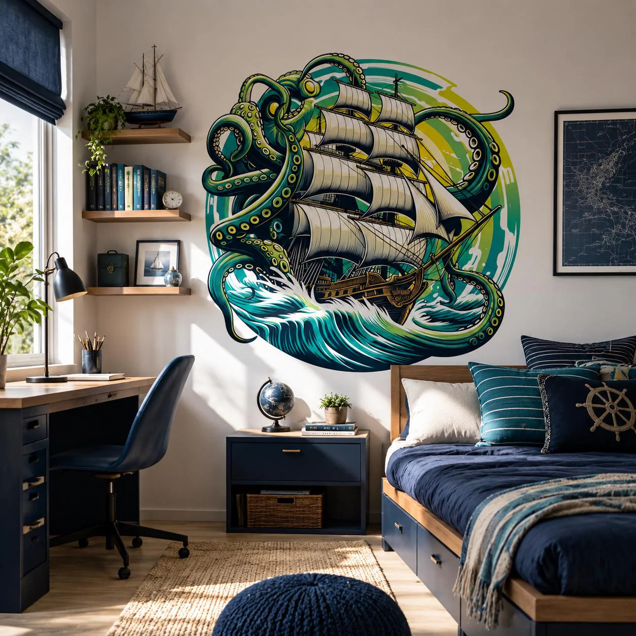 Kraken Pirate Ship Wall Vinyl Decal | Octopus Sea Monster Sticker