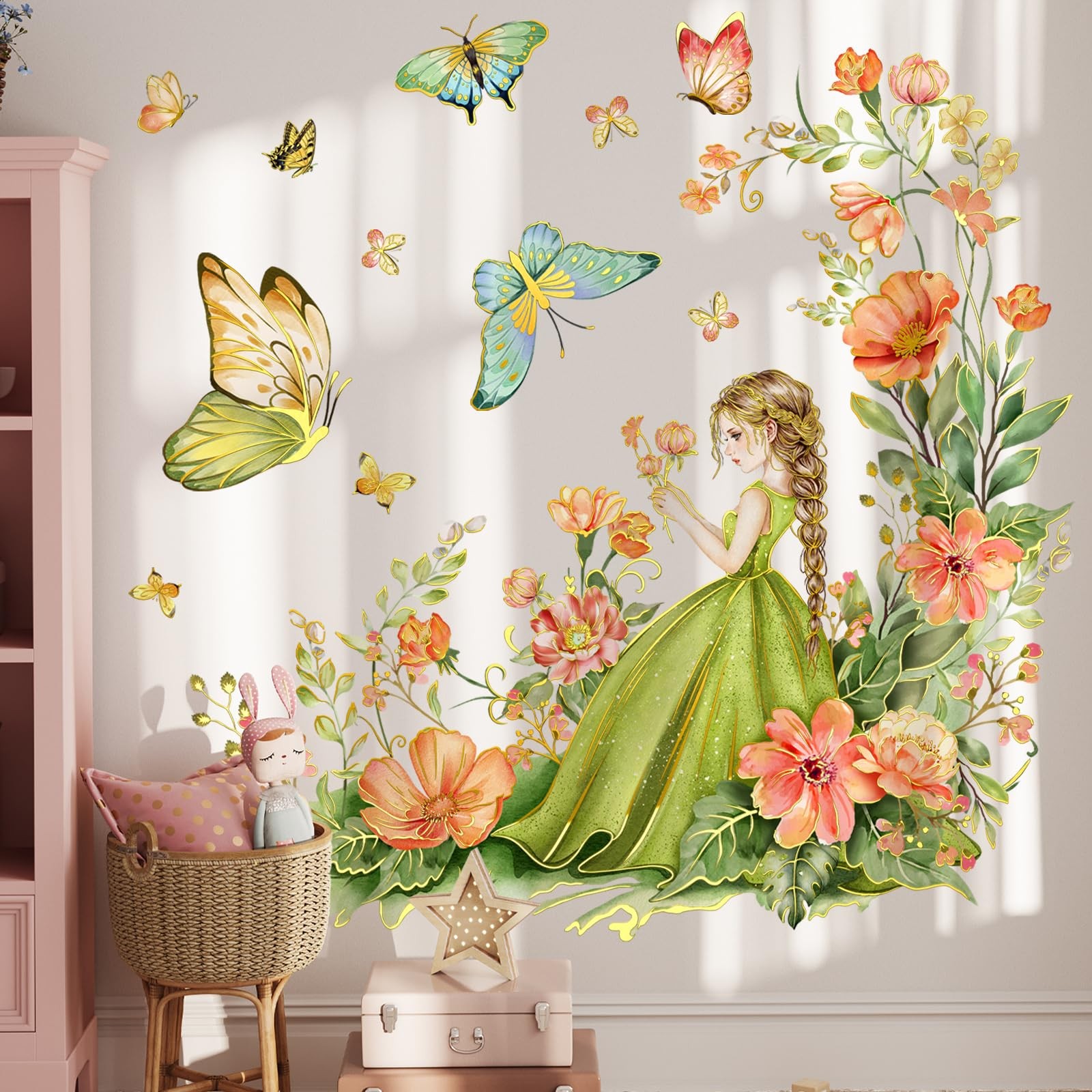 Flower Fairy and Butterfly Wall Stickers Fantasy Theme Wildflower with Colorf…