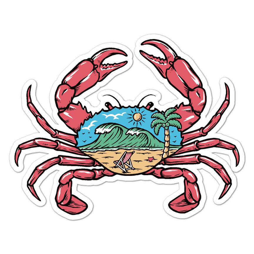 Crab Beach Surf, Vinyl Decal Sticker, Indoor Outdoor, 3 Sizes, #9183