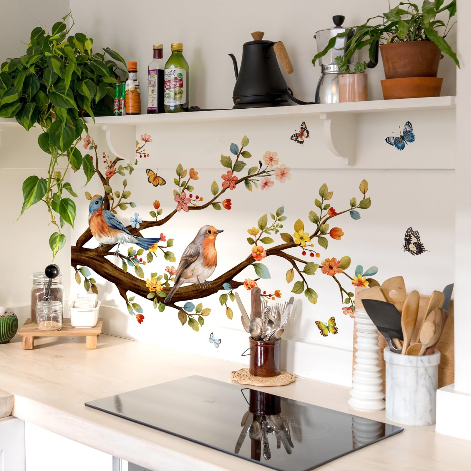 Colorful Flower Branch Bird Wall Stickers Watercolor Bird Butterfly Wall Deca…
