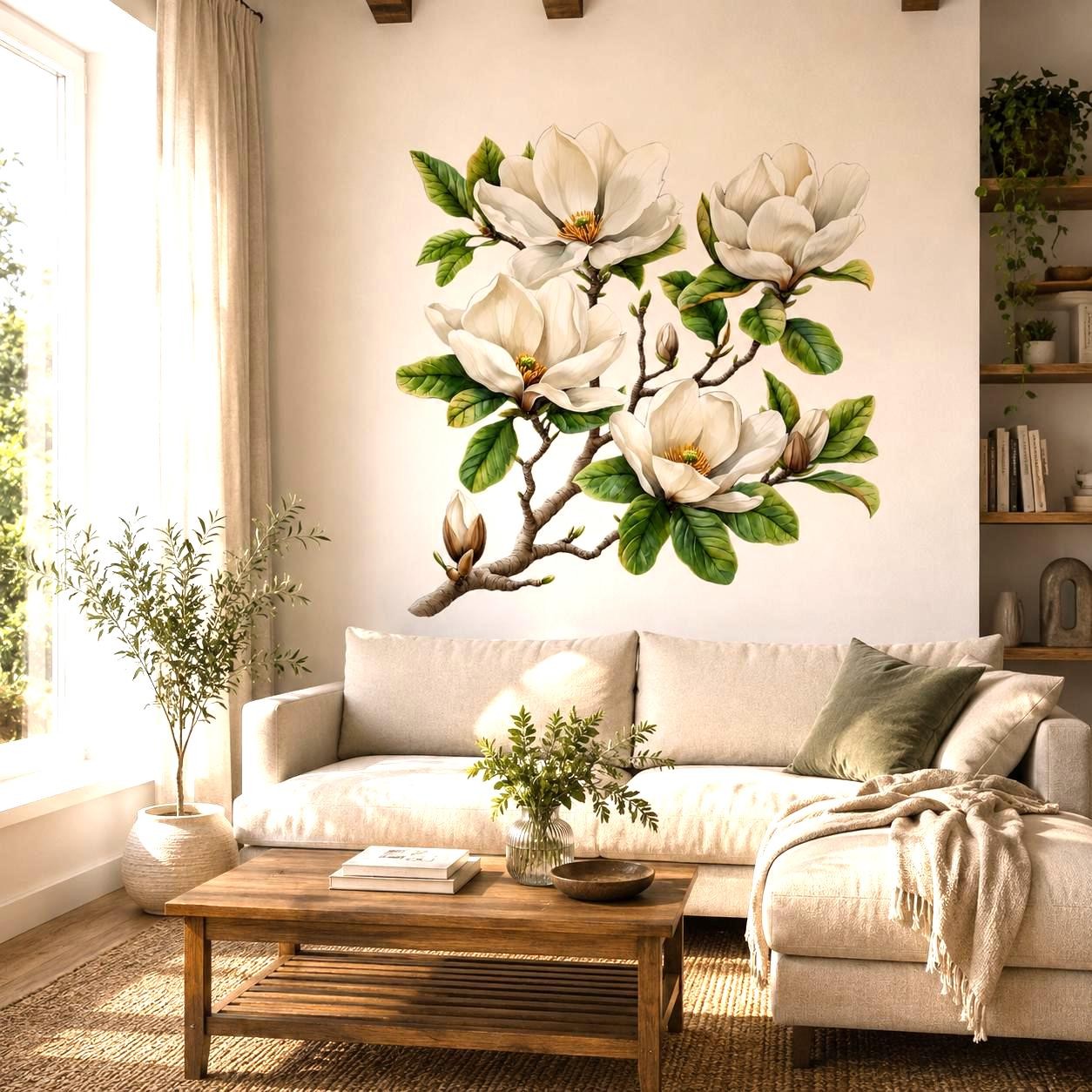 White Magnolia Branch Wall Vinyl Decal | Watercolor Floral Sticker