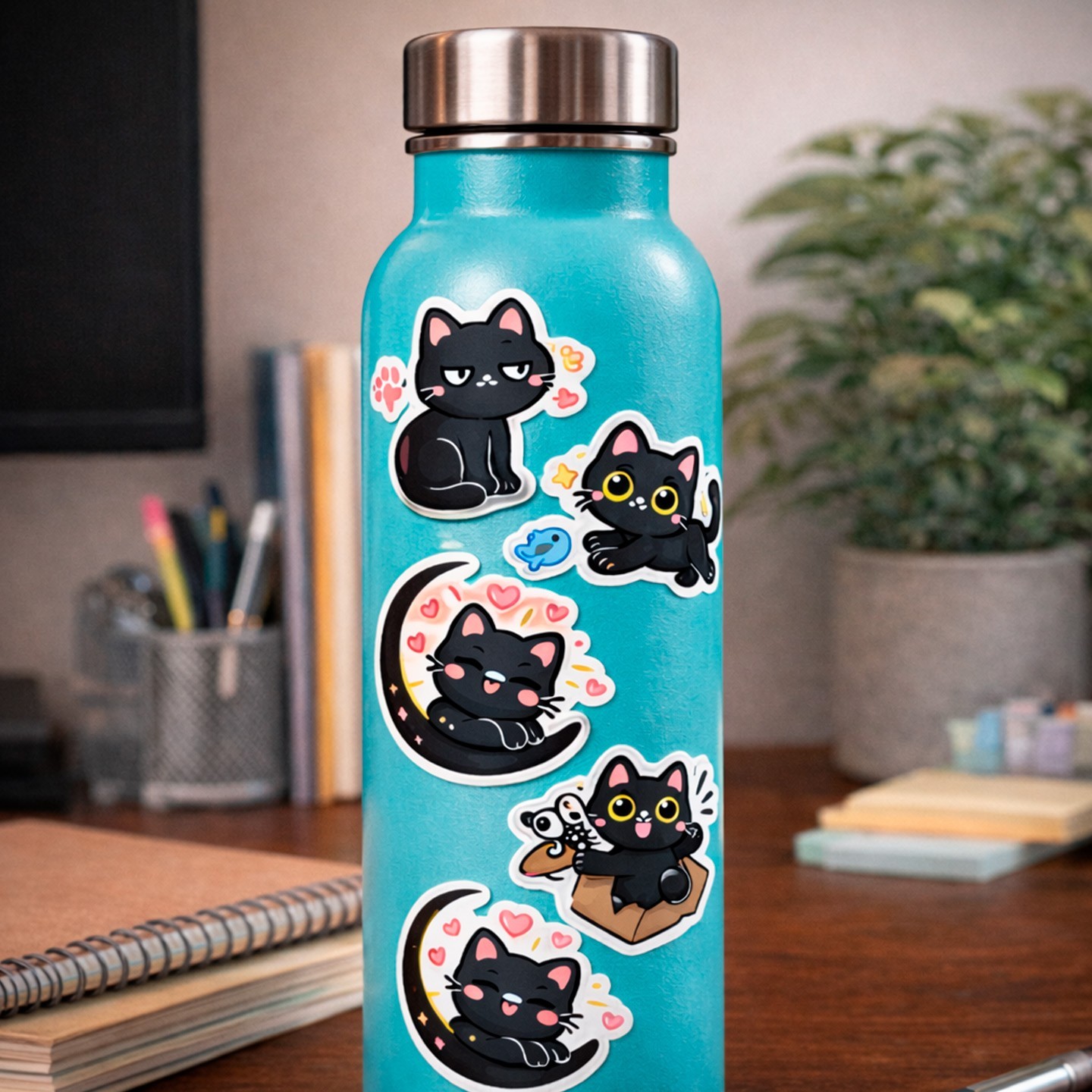 12 Cute Black Cat Sticker Set Kawaii Vinyl Decals for Laptop Bottle Phone