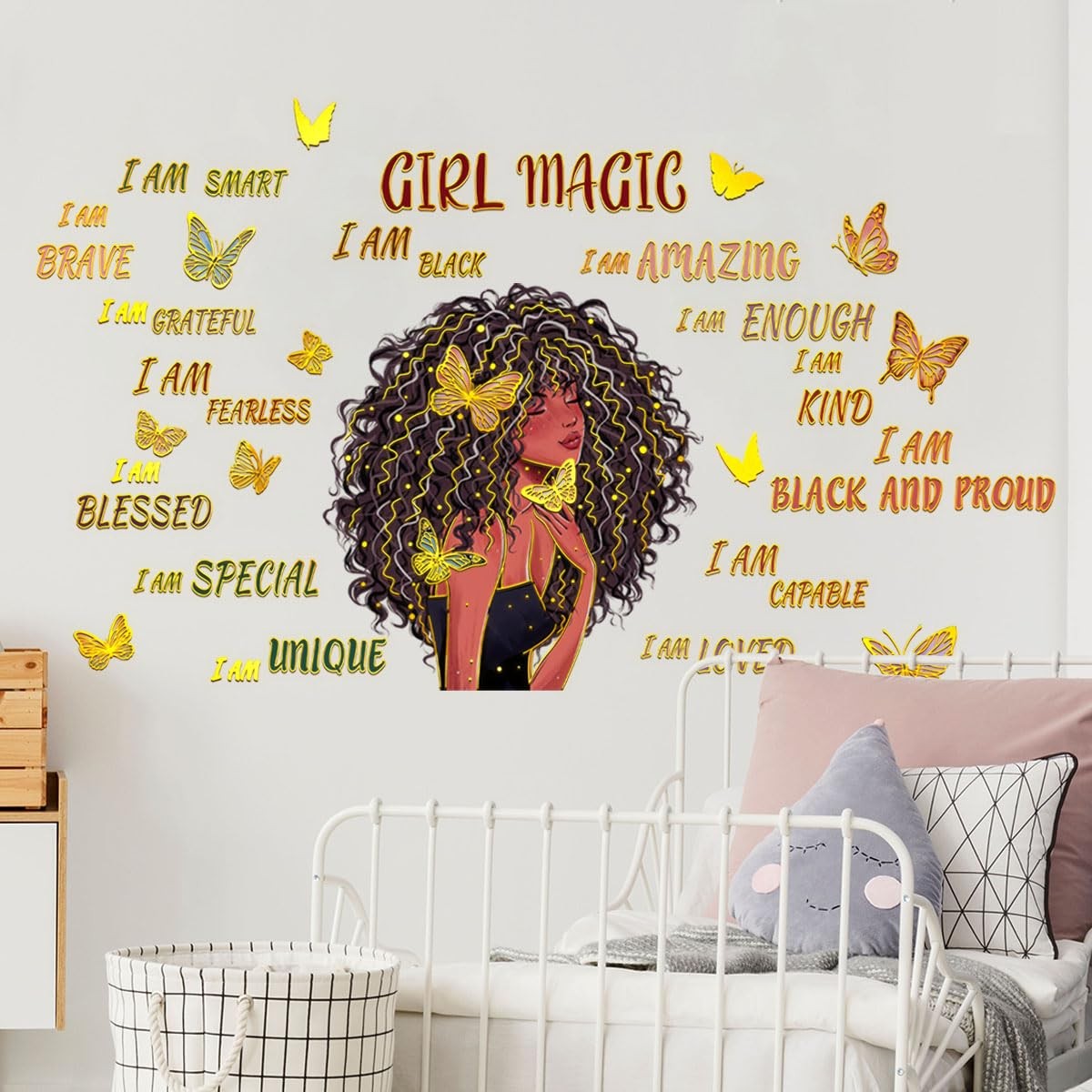 Black Girl and Butterfly Wall Stickers Motivational Quote Wall Decal Gold-Pla…