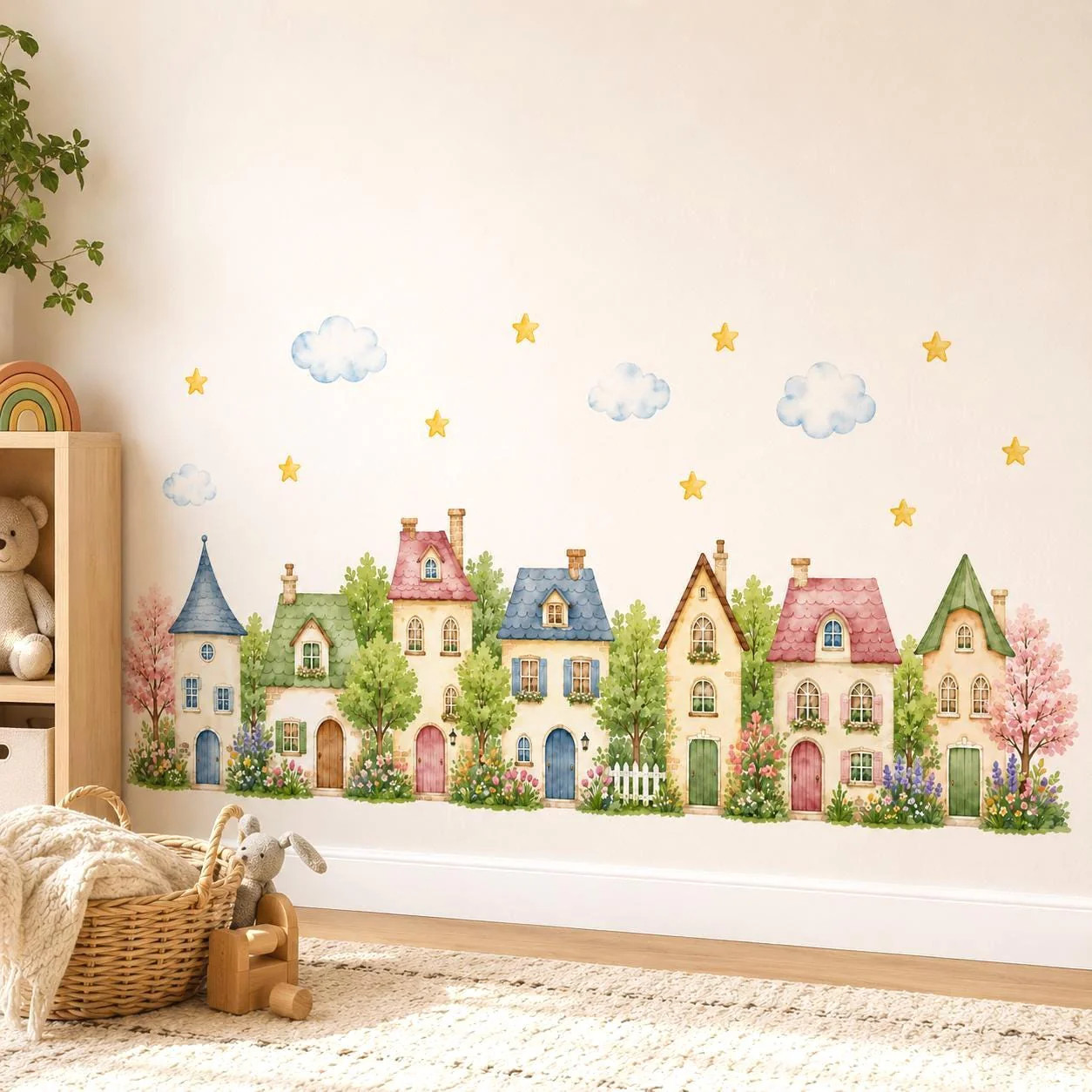Watercolor Village Houses Wall Vinyl Decal | Cute Cottage Town Sticker