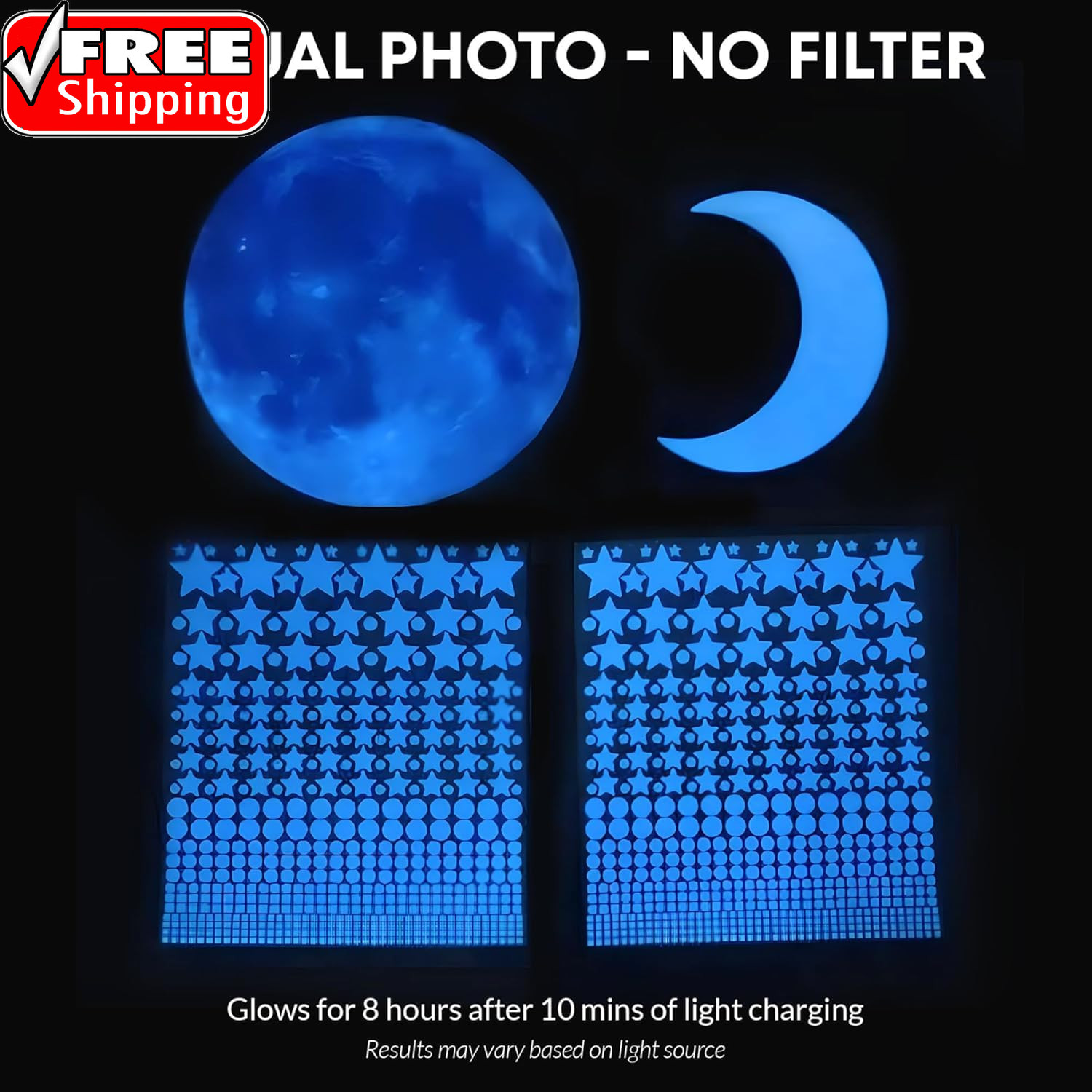 Glow in the Dark Stars for Ceiling, 1050 Pcs with Moons & E-Book (Blue)