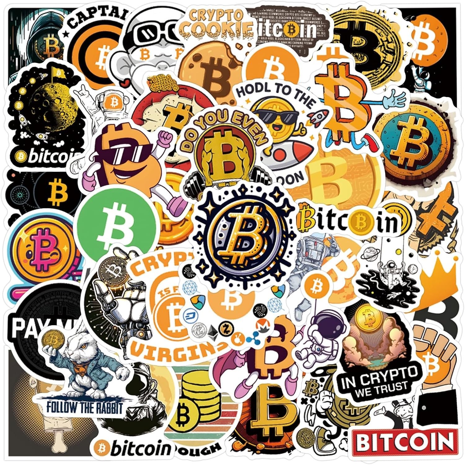 Decorate with Style – 60pcs Waterproof Bitcoin Crypto Stickers for All Ages