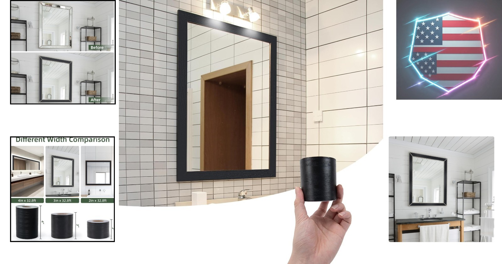 32ft x 3in Black Mirror Tape Border, Peel and Stick Mirror Border for Bathroo…