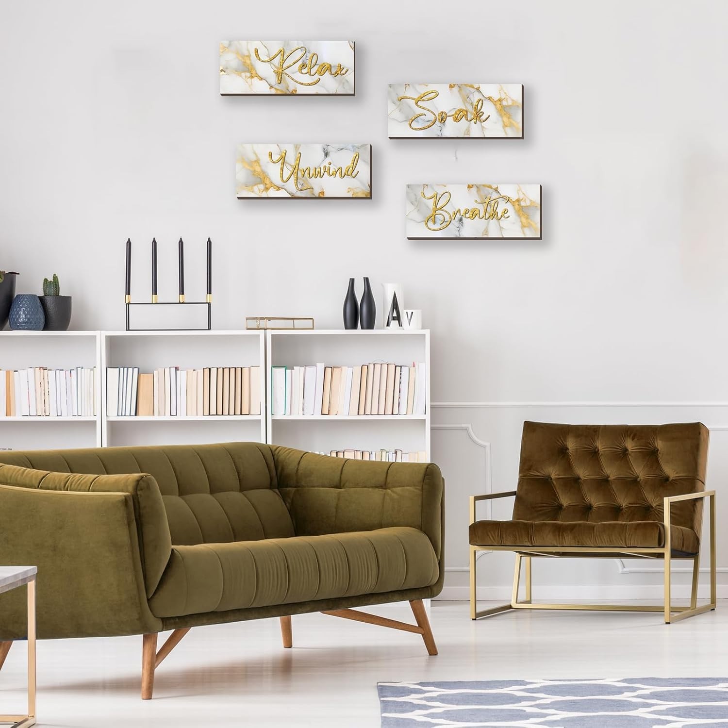 Versatile Wooden Wall Art Set in White Gold – Ideal for Bathroom & Living Spaces