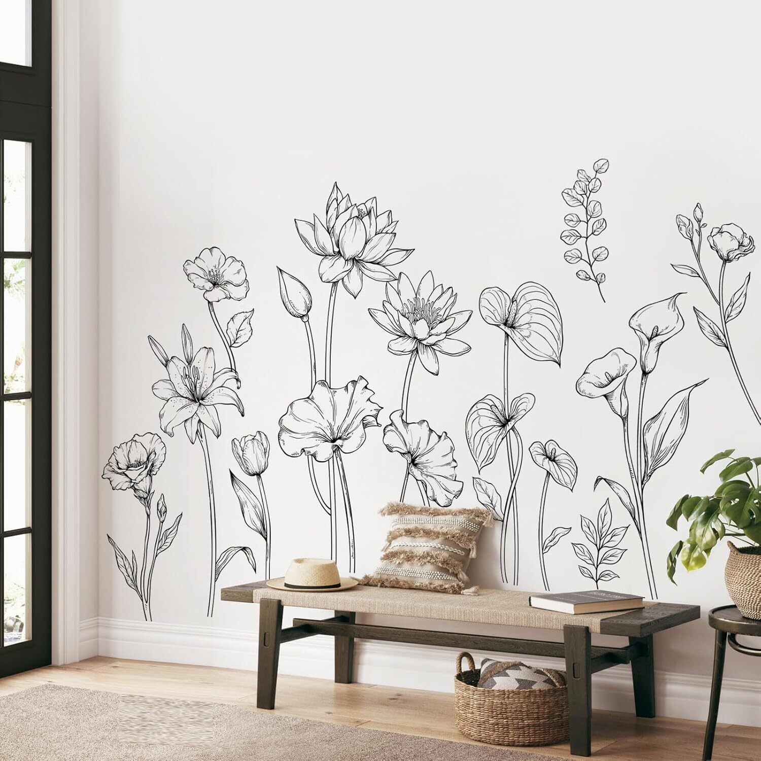 Large Black and White Flower Wall Decals Simple Modern Multi-colored