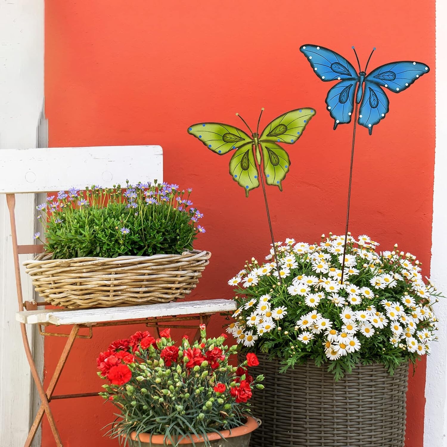 Metal Garden Stake Spring Yard Sign Decorative Plant Stake(Blue+Green Butterfly)