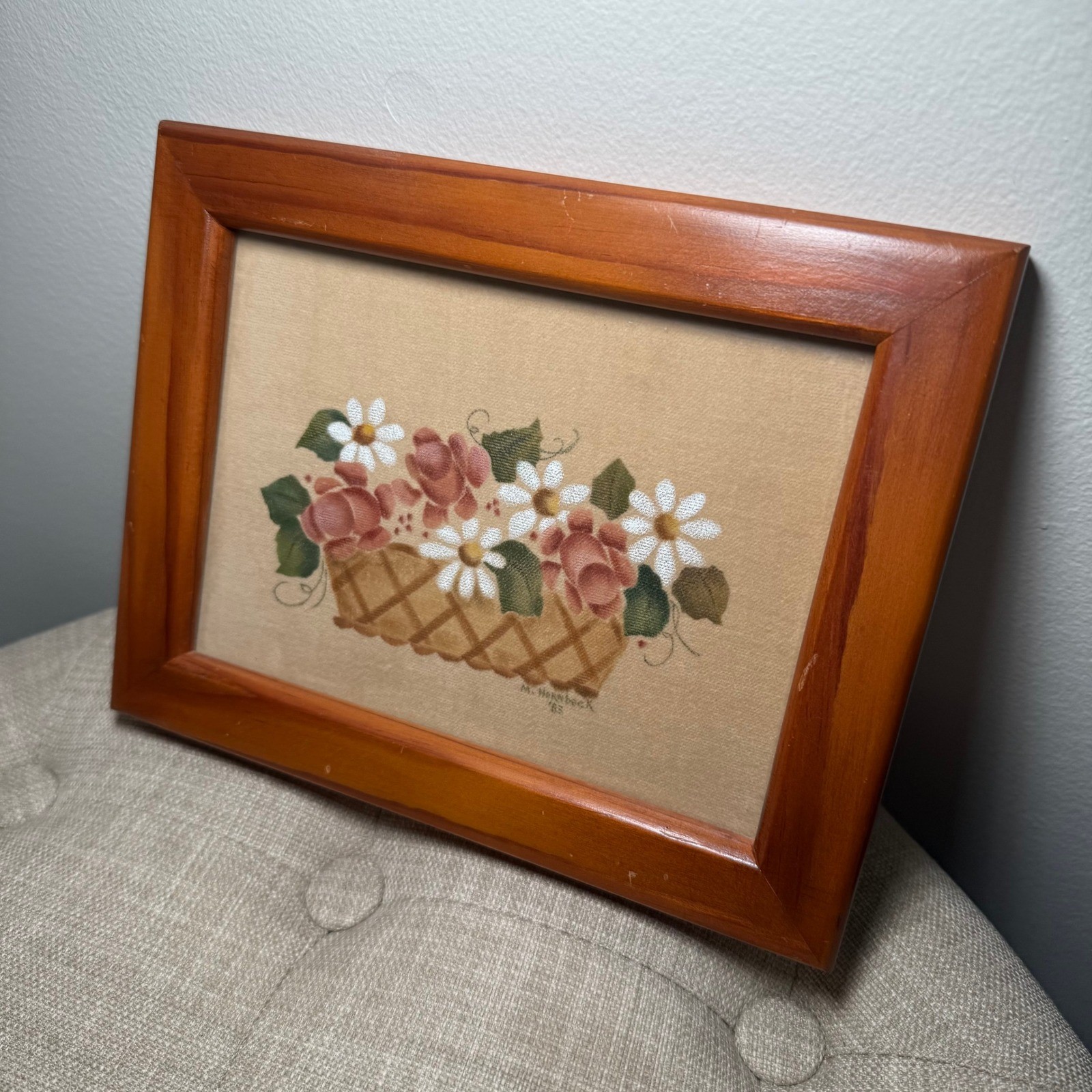 Vintage 1983 Theorem Painting Folk Art Roses Daisies Basket Signed M Hornbeck