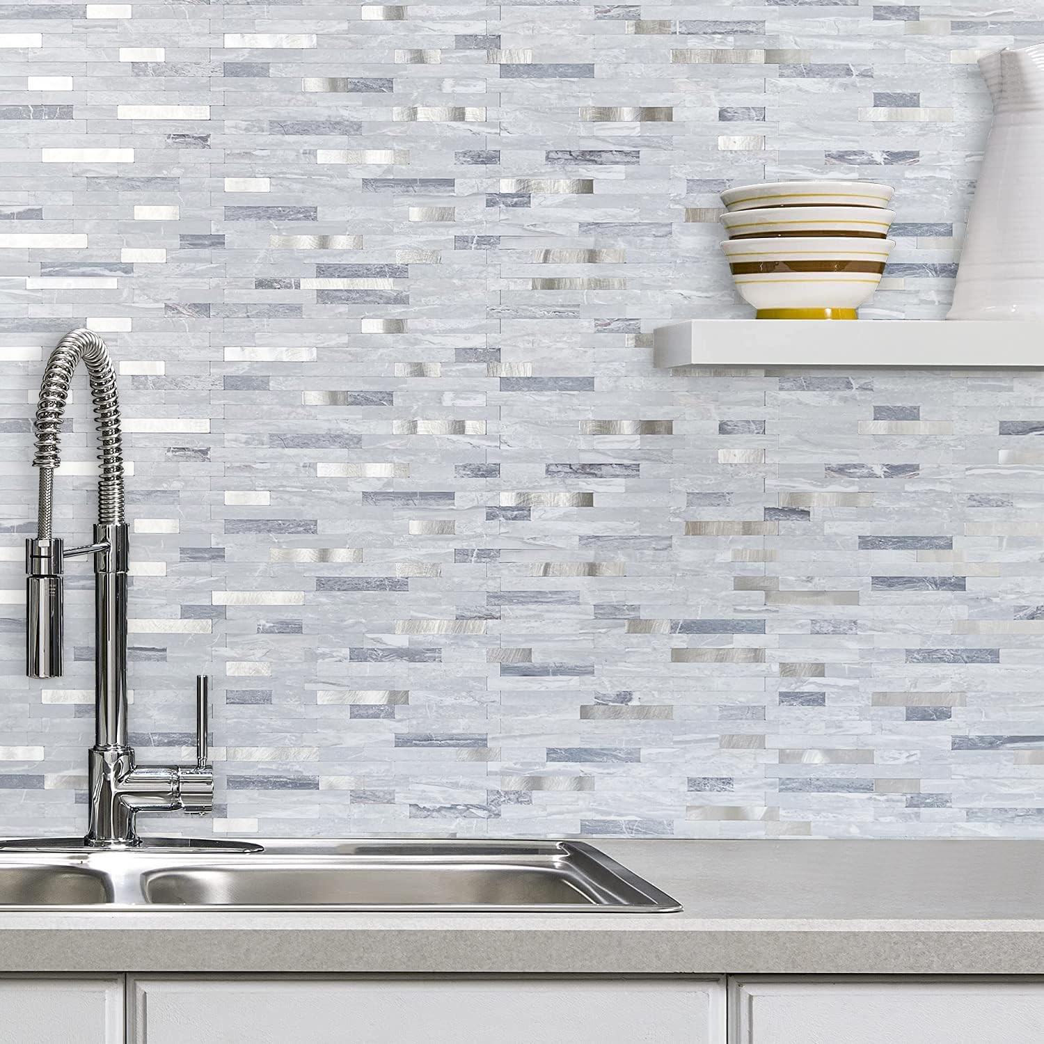 AULIGET 20 Sheets Faux Stone Peel and Stick Backsplash, Light Grey Marble Loo…