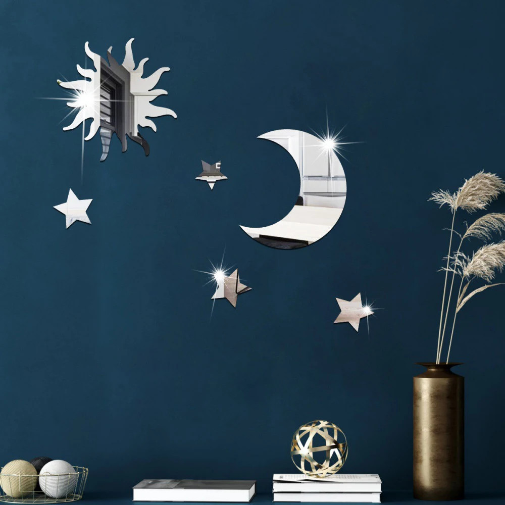 Star Moon Combination Mirror Stickers 6PCS Acrylic Stereo Self Adhesive Wall Art