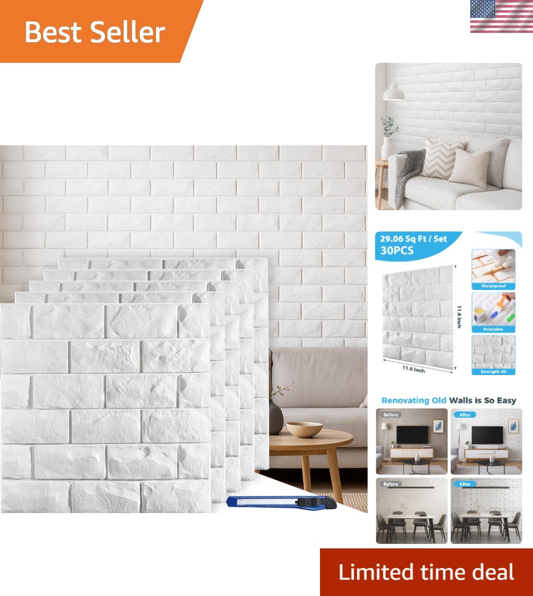 Self-Adhesive Waterproof 3D White Brick Wallpaper – 29.06 Sq Ft Coverage
