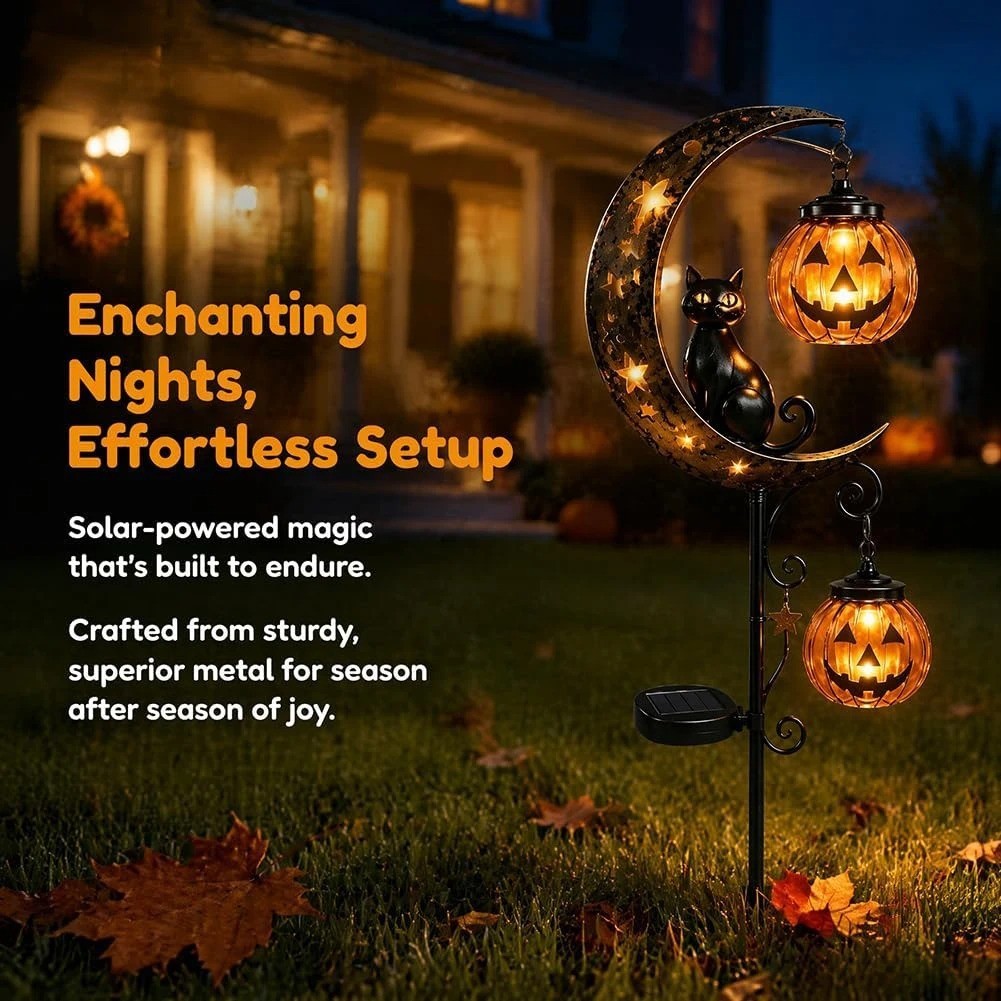 Solar Black Cat & Pumpkin Moon Stake Lights for Halloween Garden Decor