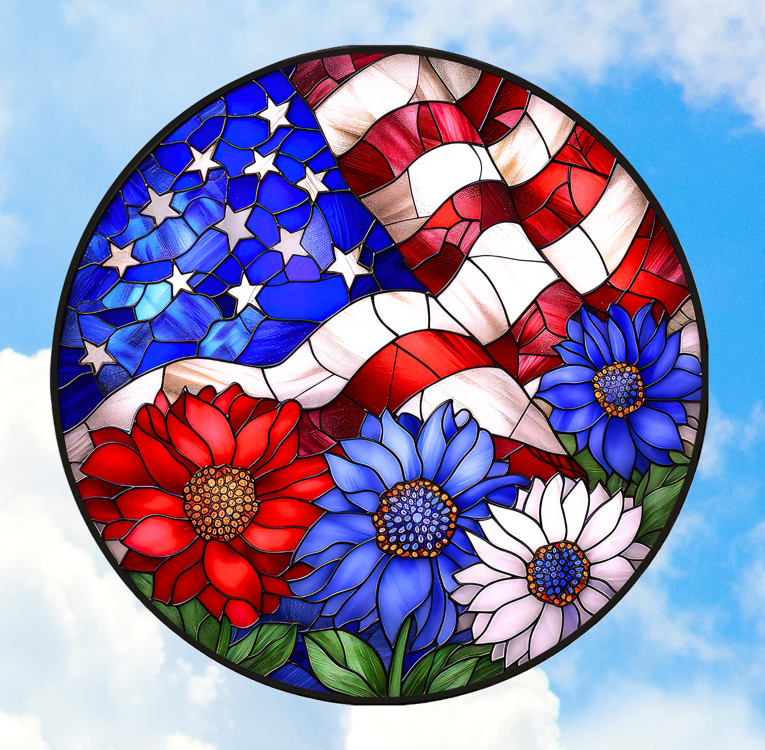 American Flag WINDOW CLING Sun-catcher Size 8" Round ~ Repositionable Vinyl