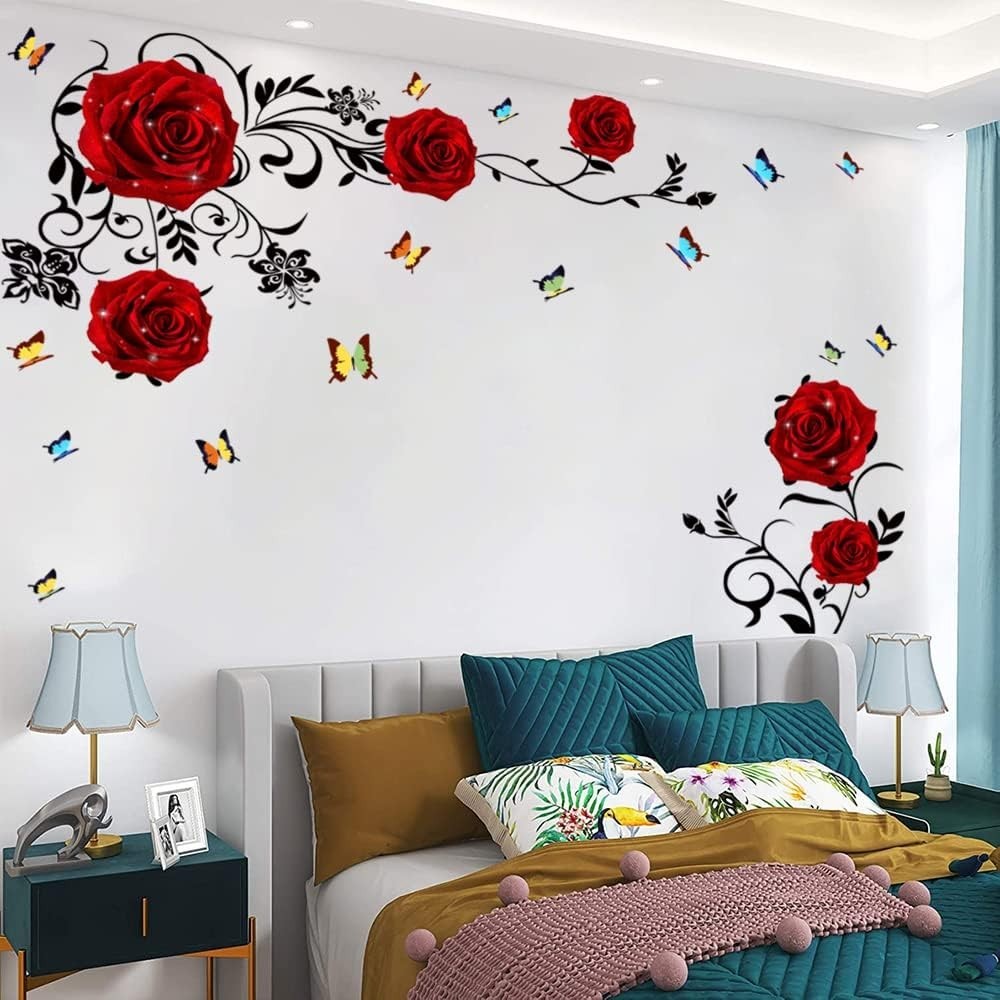 Red Rose Wall Stickers Floral Vinyl Decal for Bedroom Living Room Reusable