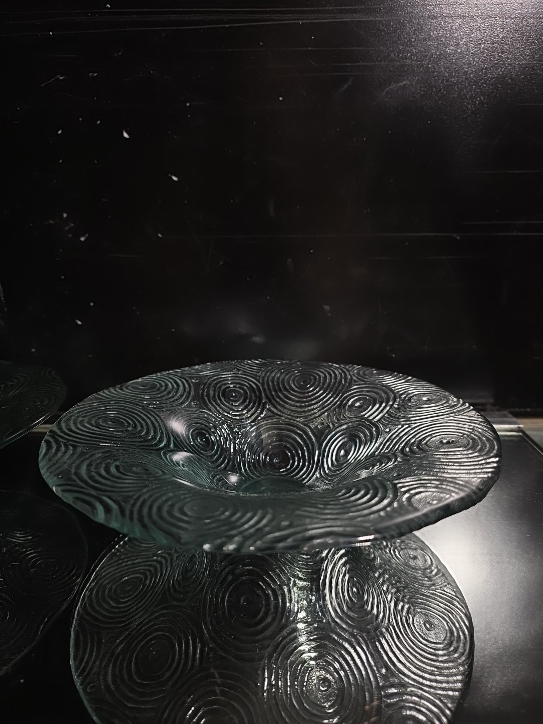 Vintage Clear Glass Pedestal Bowl Concentric Swirl Spiral Textured Art Glass 9"