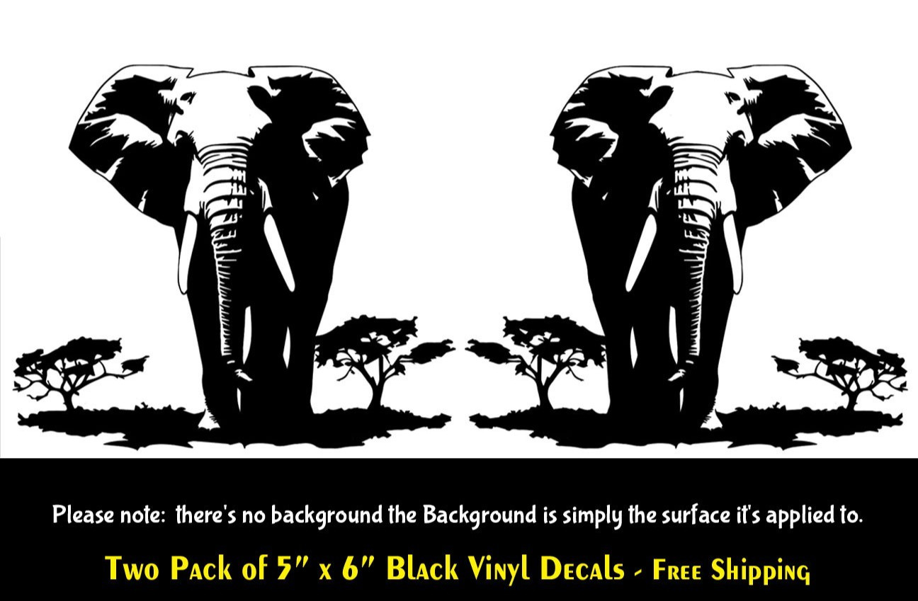 African Elephant Safari Two 6" x 5" Black Vinyl Decal Vehicle Walls Door Mirror