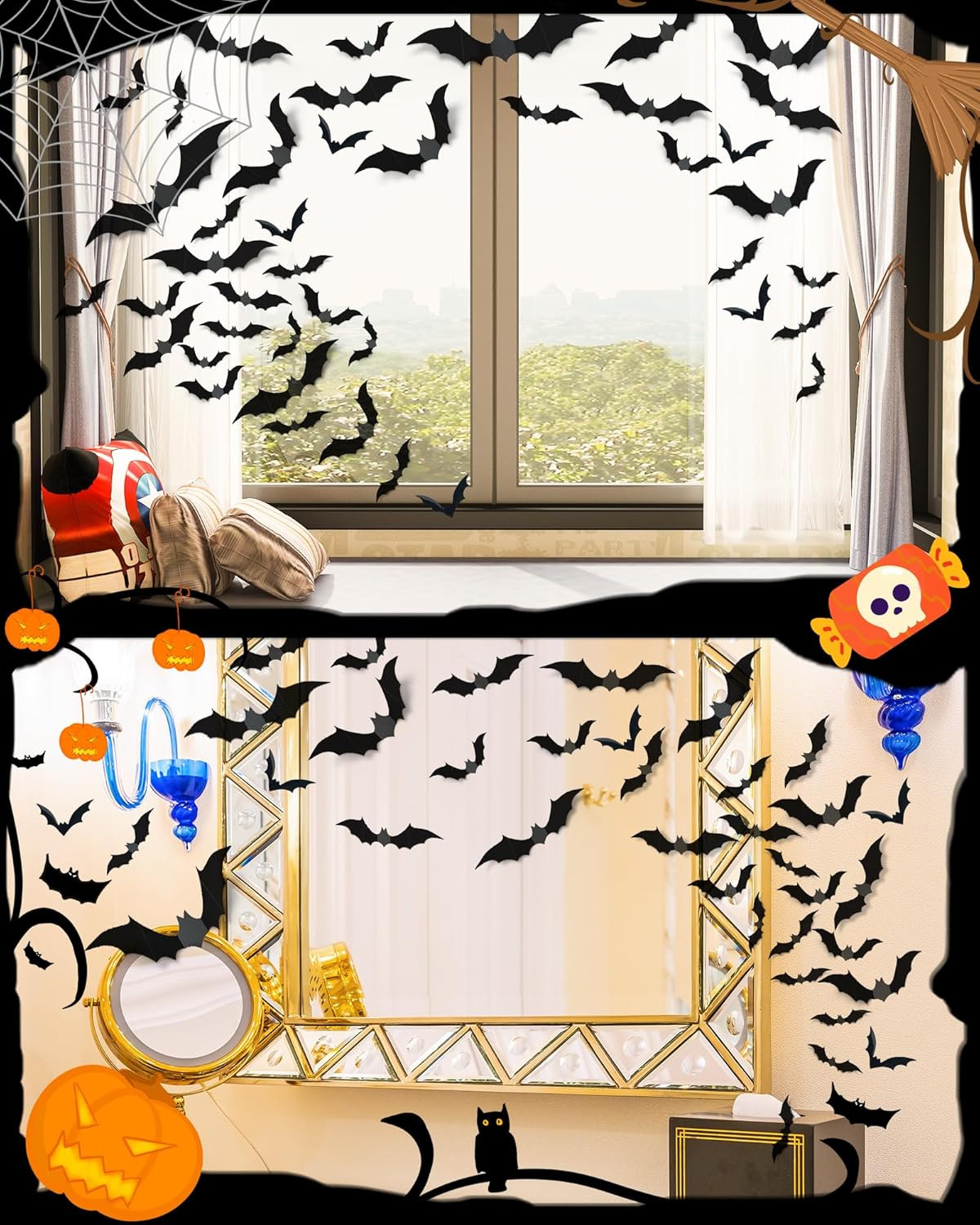 Halloween Bat Decorations 120 Pack 5 Sizes 3D Wall Window Door Party Decor
