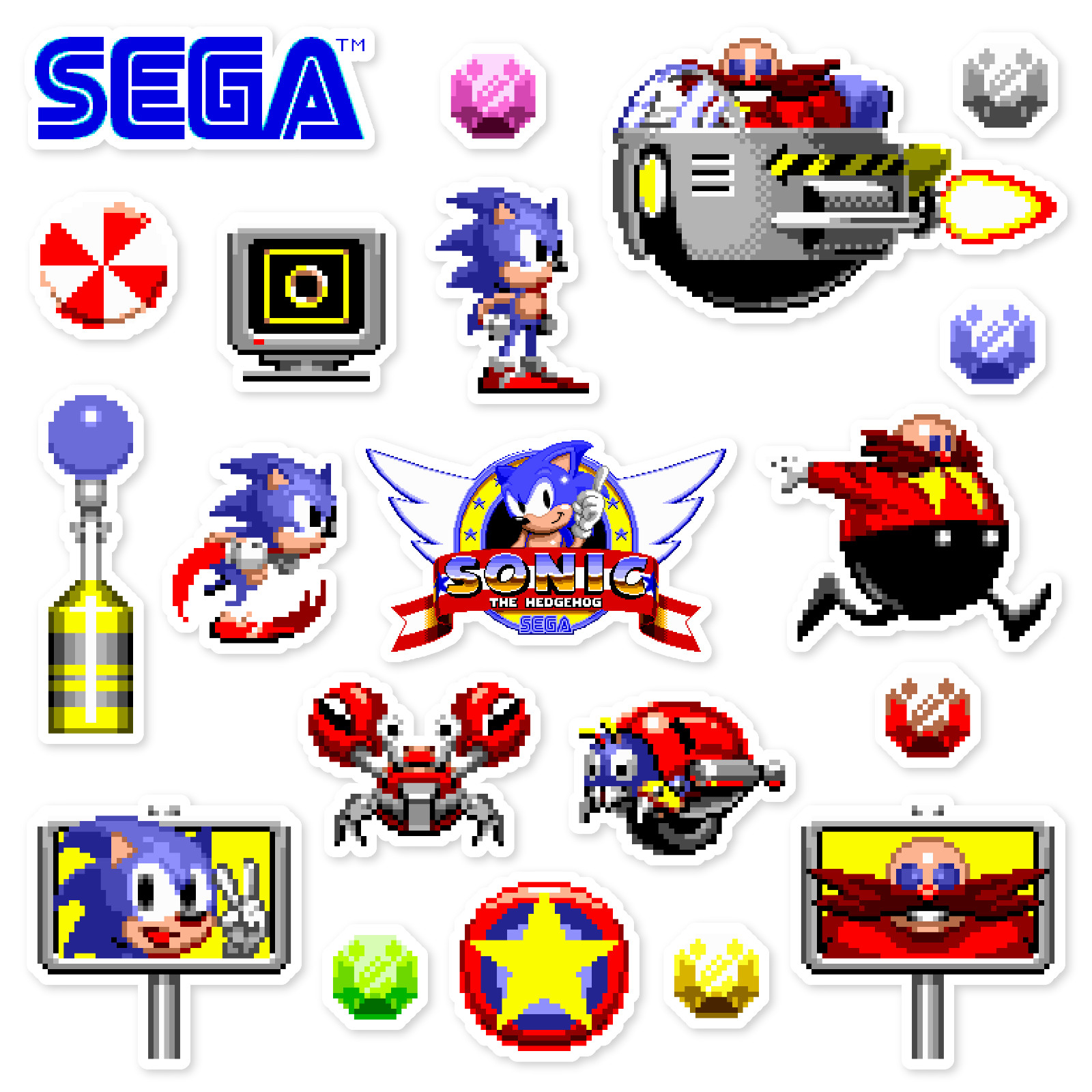 Sonic the Hedgehog Stickers Sonic 1 Sega Genesis Pixel Art 20 Sticker Pack
