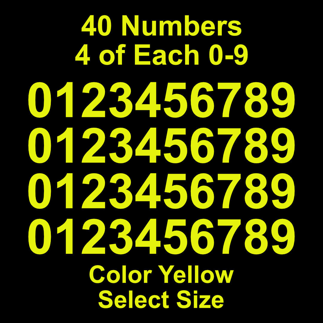 0 – 9 Number Decals Color: Yellow – Select Size – 40 Stickers 4 of Each Number