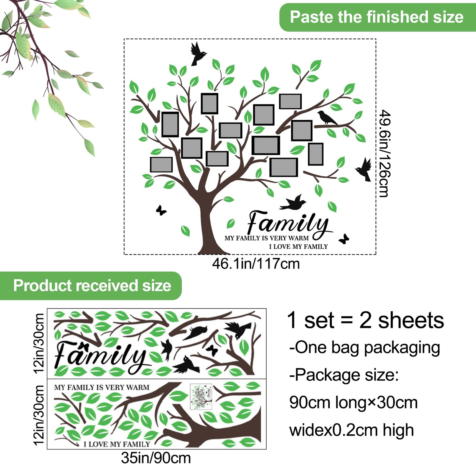 Family Tree Wall Decal Large Vinyl Peel Stick with Birds