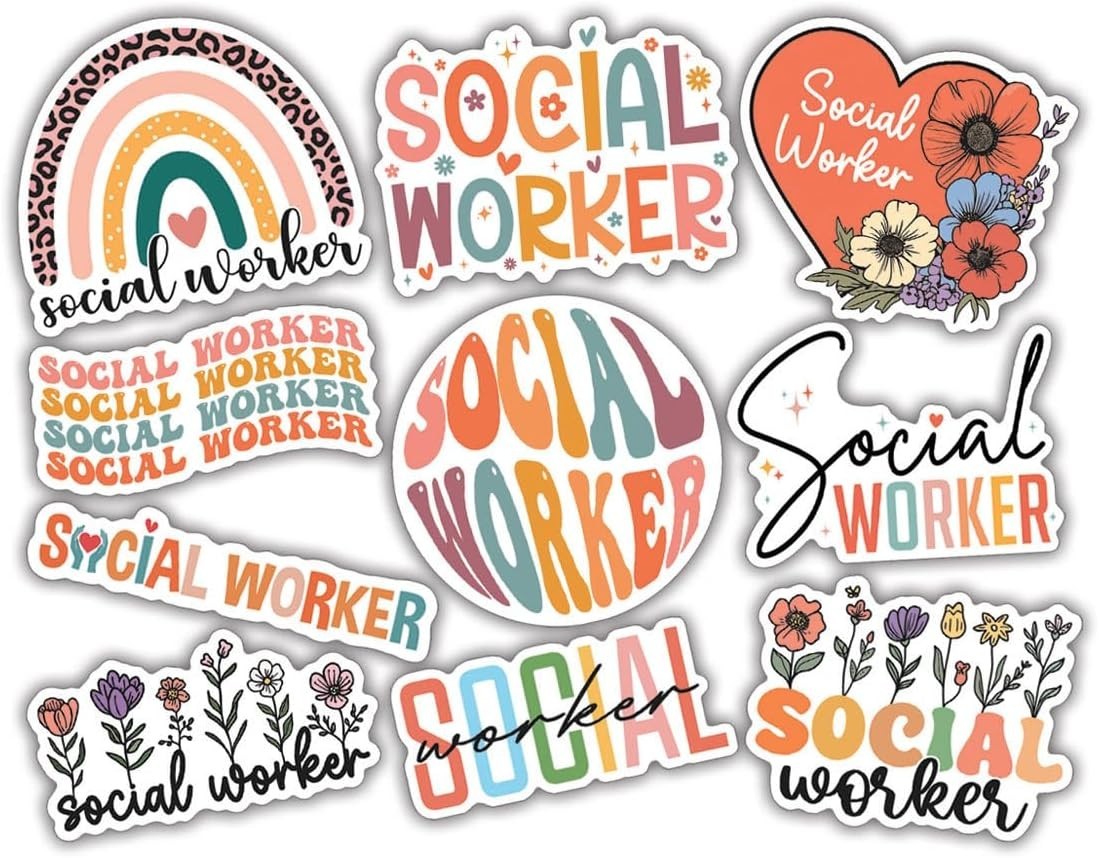 10pcs Retro Floral Social Worker Sticker Groovy Positive Quotes Social Work Gift