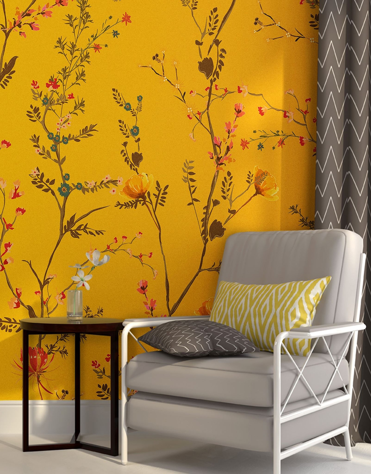 Botanical Flower Garden With Yellow Orange Background Wall Mural. Blossom Flower