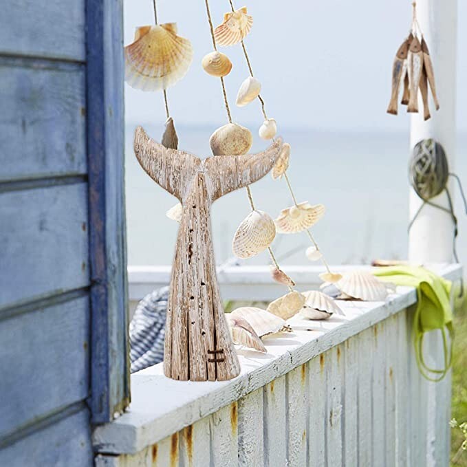 Nautical Home Decor Wood Whale Tail Tabletop Statue Decorative Rustic Sculpture(