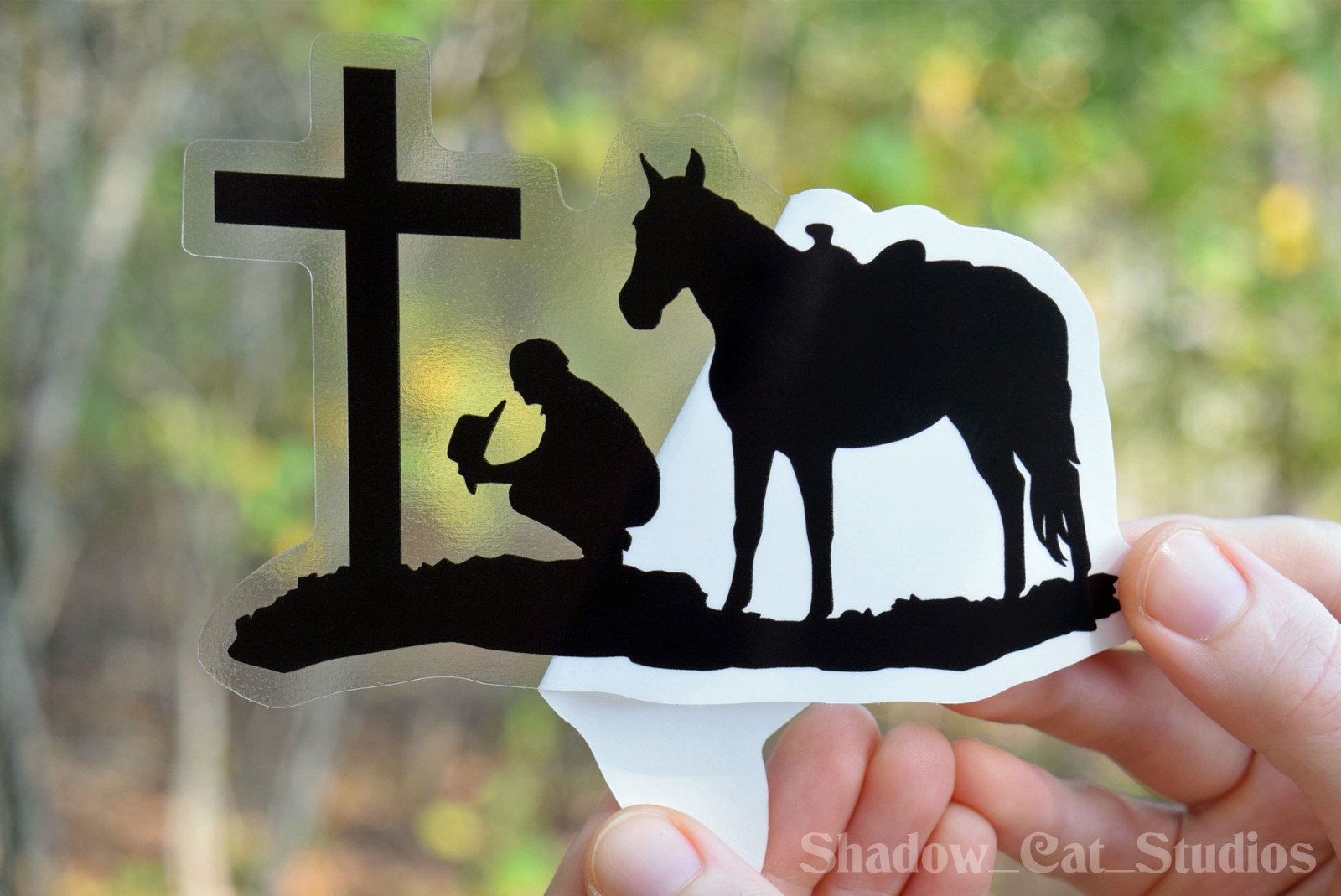 Praying Cowboy Die Cut Clear Vinyl Sticker Horse Cross Western Premium Quality