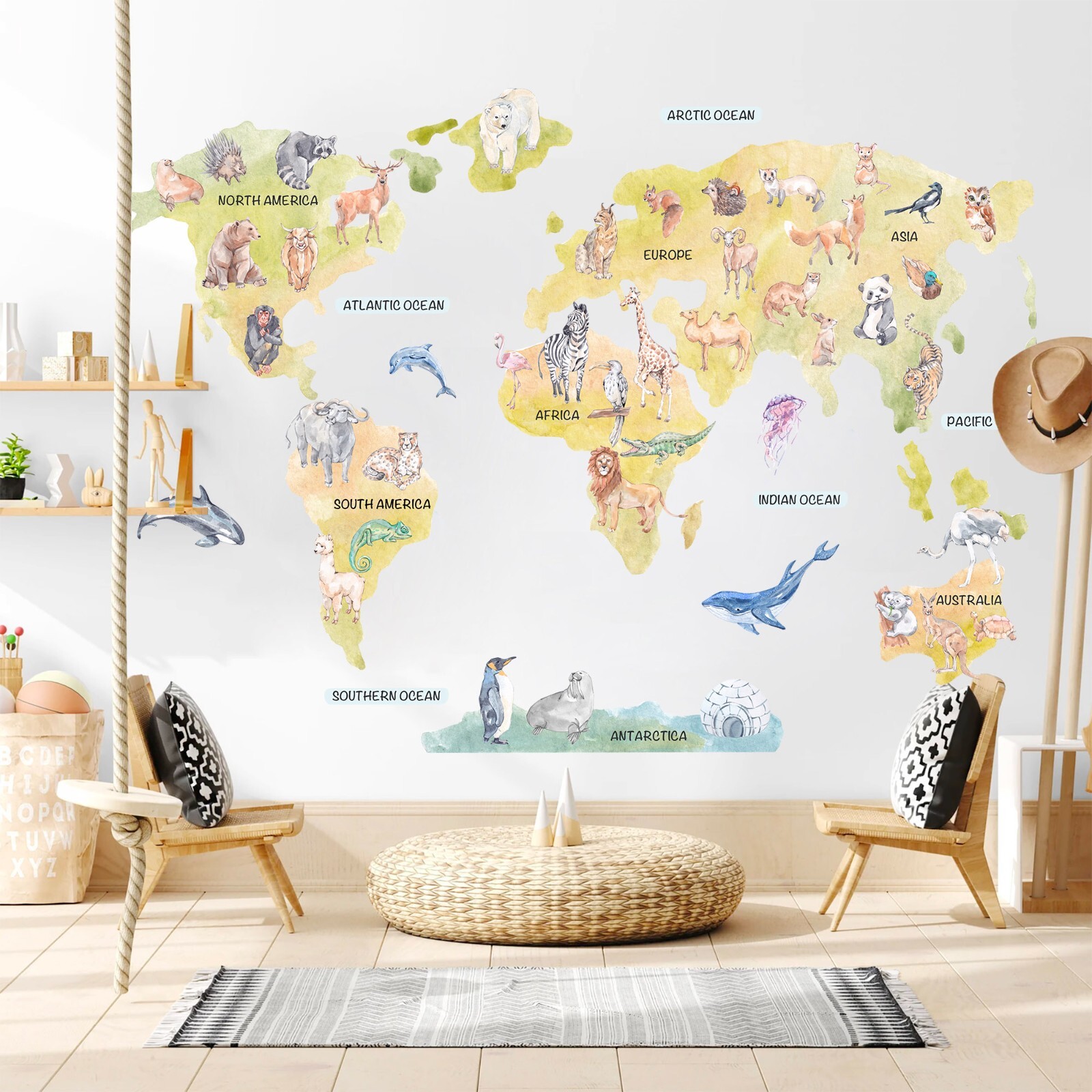 Map Wall Decal with World Representative Animals Removable Fabric Wall Sticker
