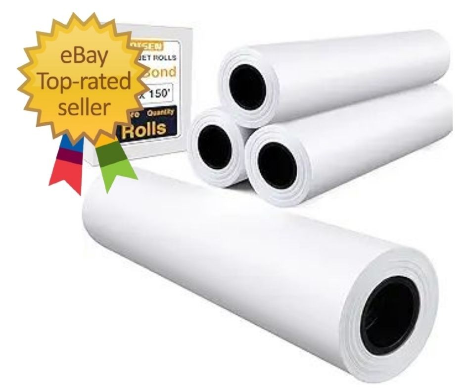 Wide Format Paper,4 Rolls Plotter Paper 24 in X 150 Ft, CAD Bond Rolls,20Lb,Bond