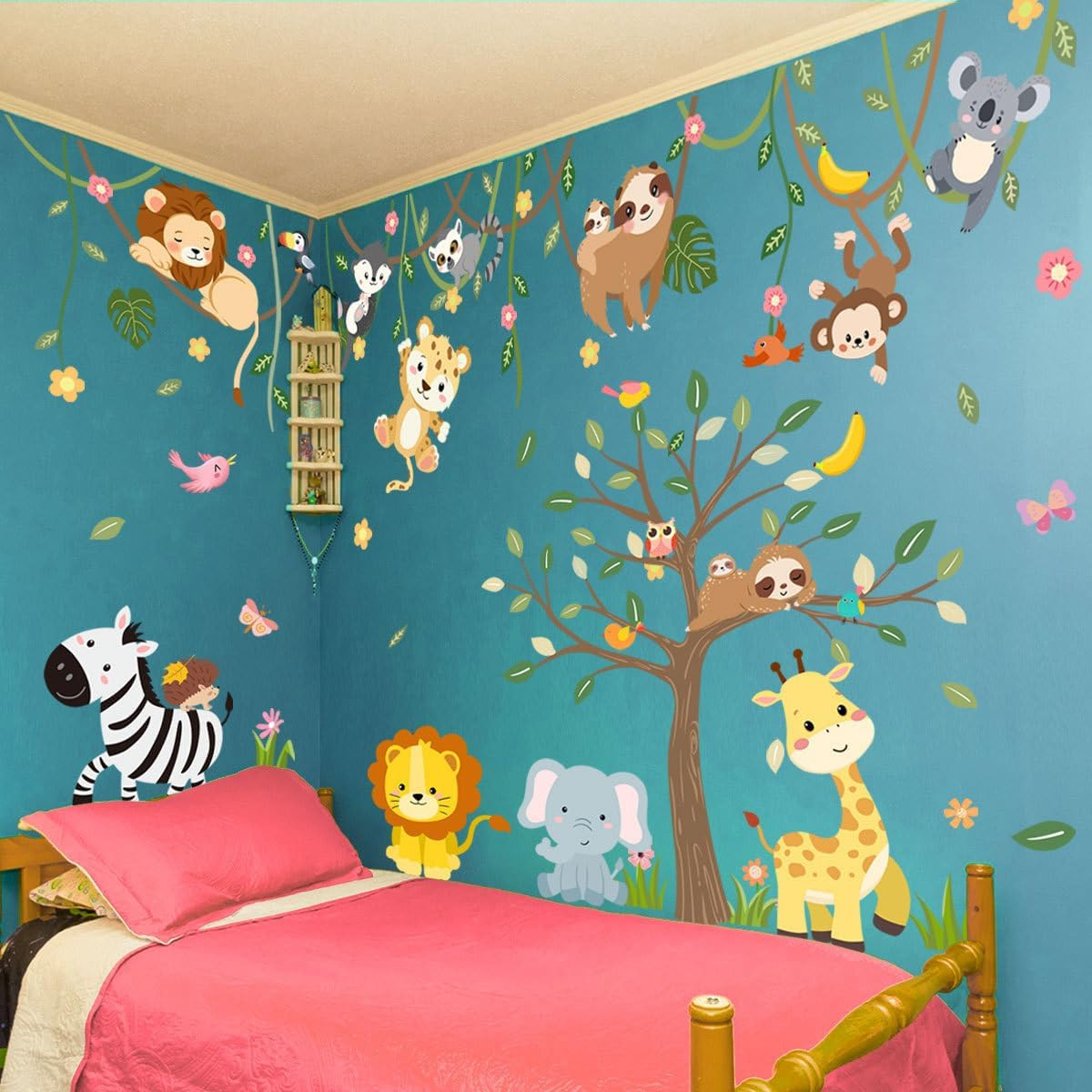 Large Jungle Animals Tree Wall Decals Safari Animals Climbing Trees Wall Sticker