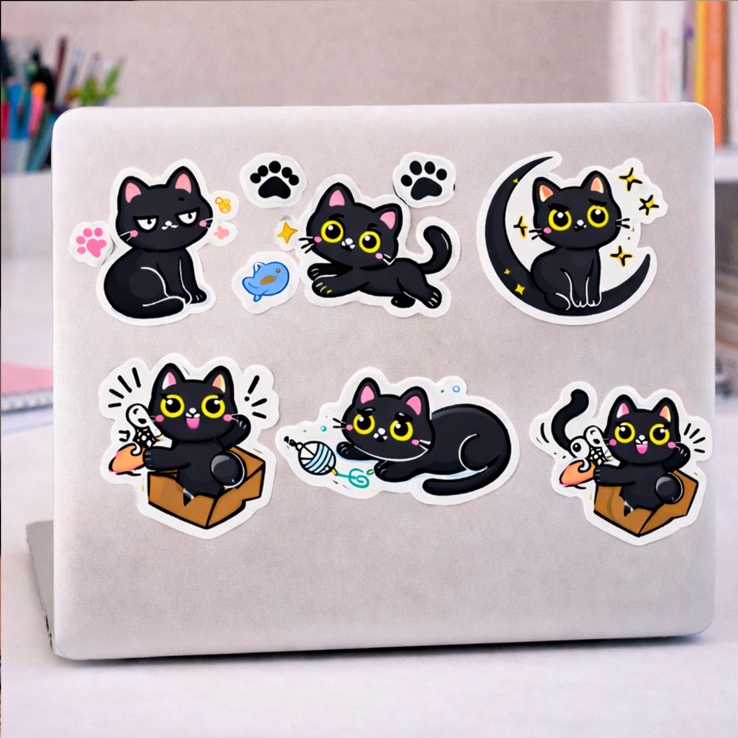 12 Cute Black Cat Sticker Set Kawaii Vinyl Decals for Laptop Bottle Phone