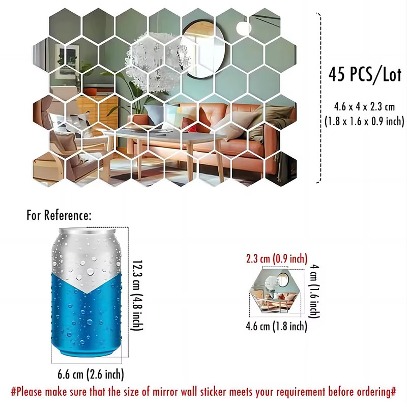 Mirror Wall Sticker 45pcs Hexagon DIY Decorative Tiles Home Wall Decor