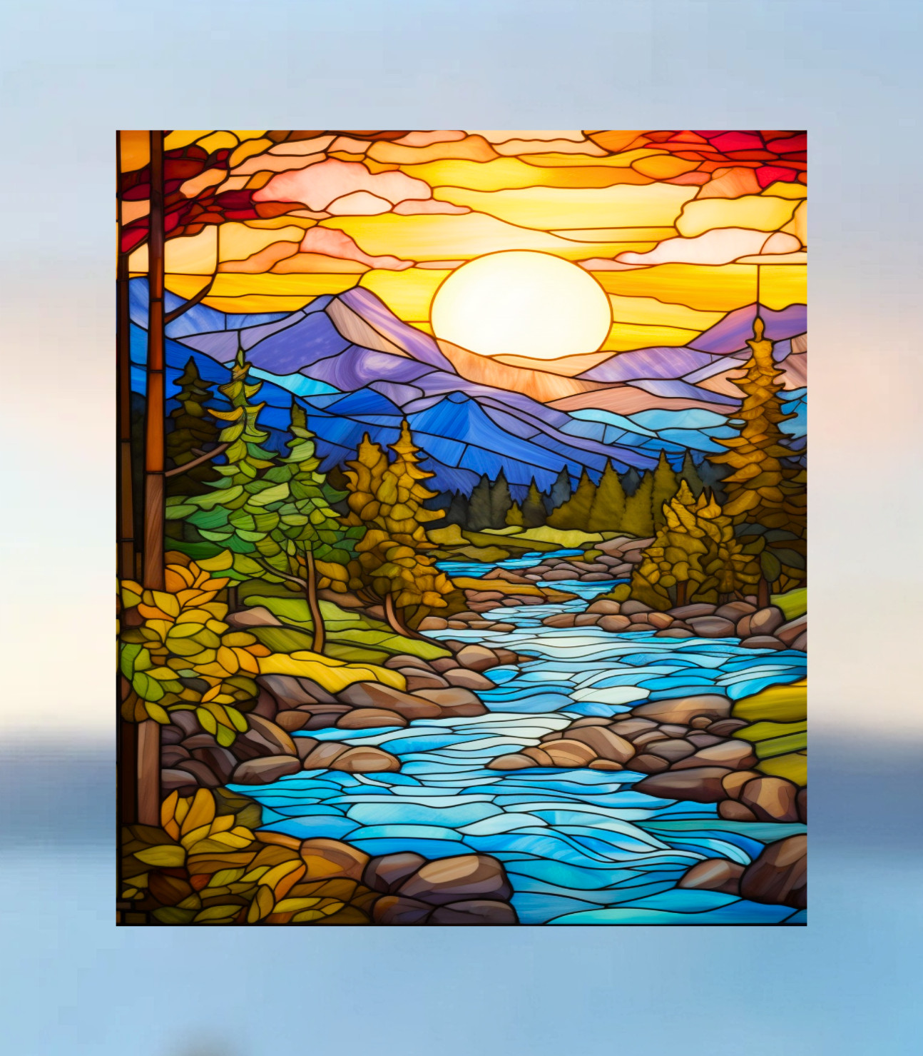 River at Sunset Faux Stained-Glass WINDOW CLING Size 9.3" Repositionable Vinyl