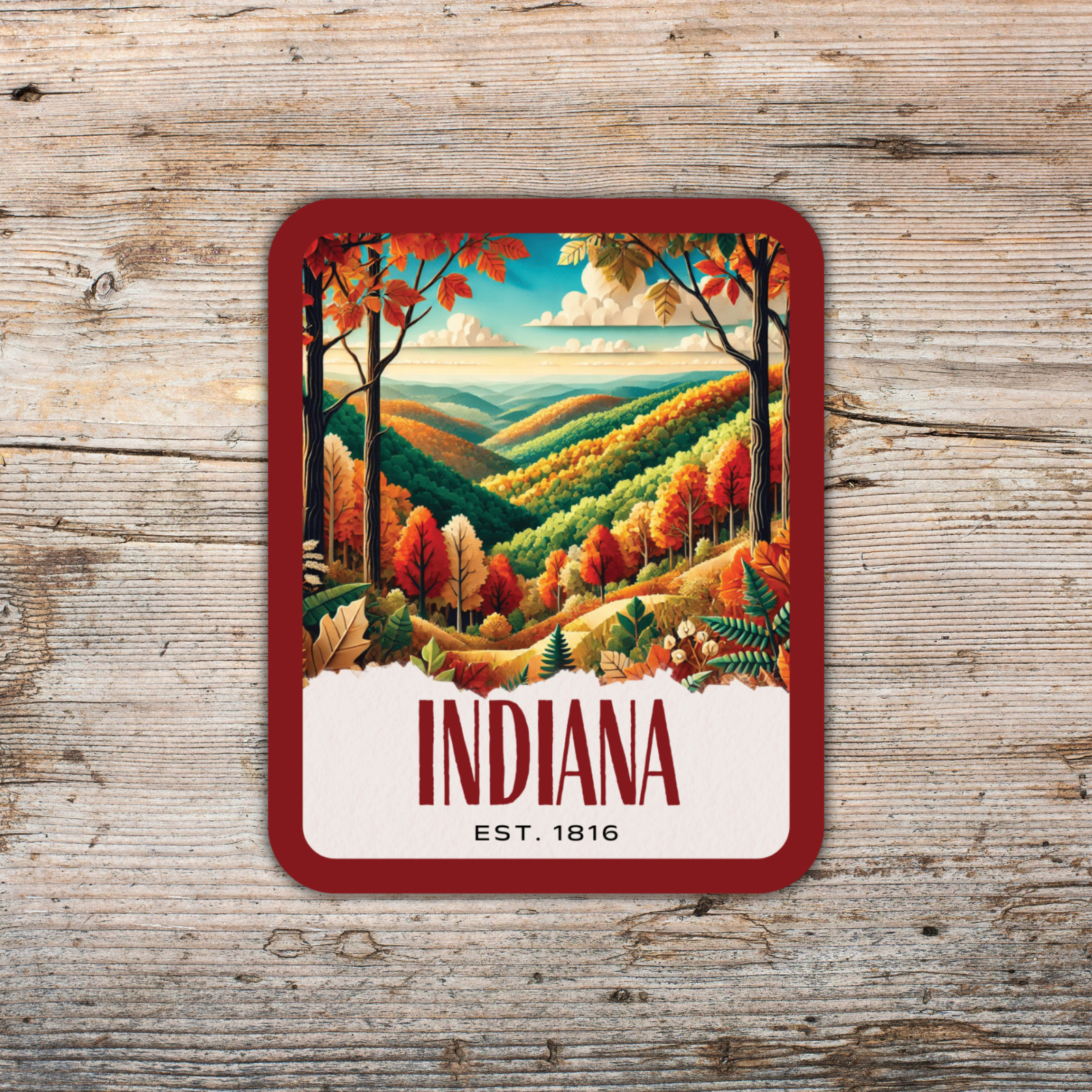 Indiana State Sticker, Paper Collage Look, Brown County Vinyl Decal