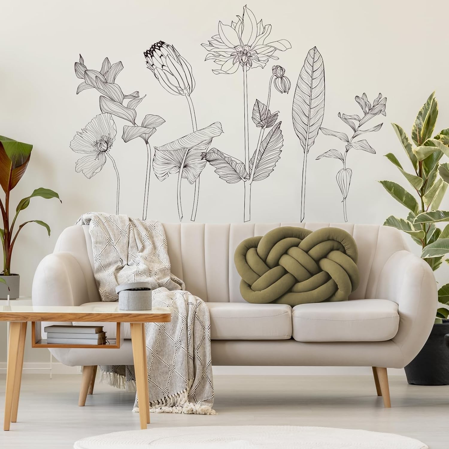 Minimalist Floral Wall Decals Line Art Flower & Leaf Wall Stickers Removable