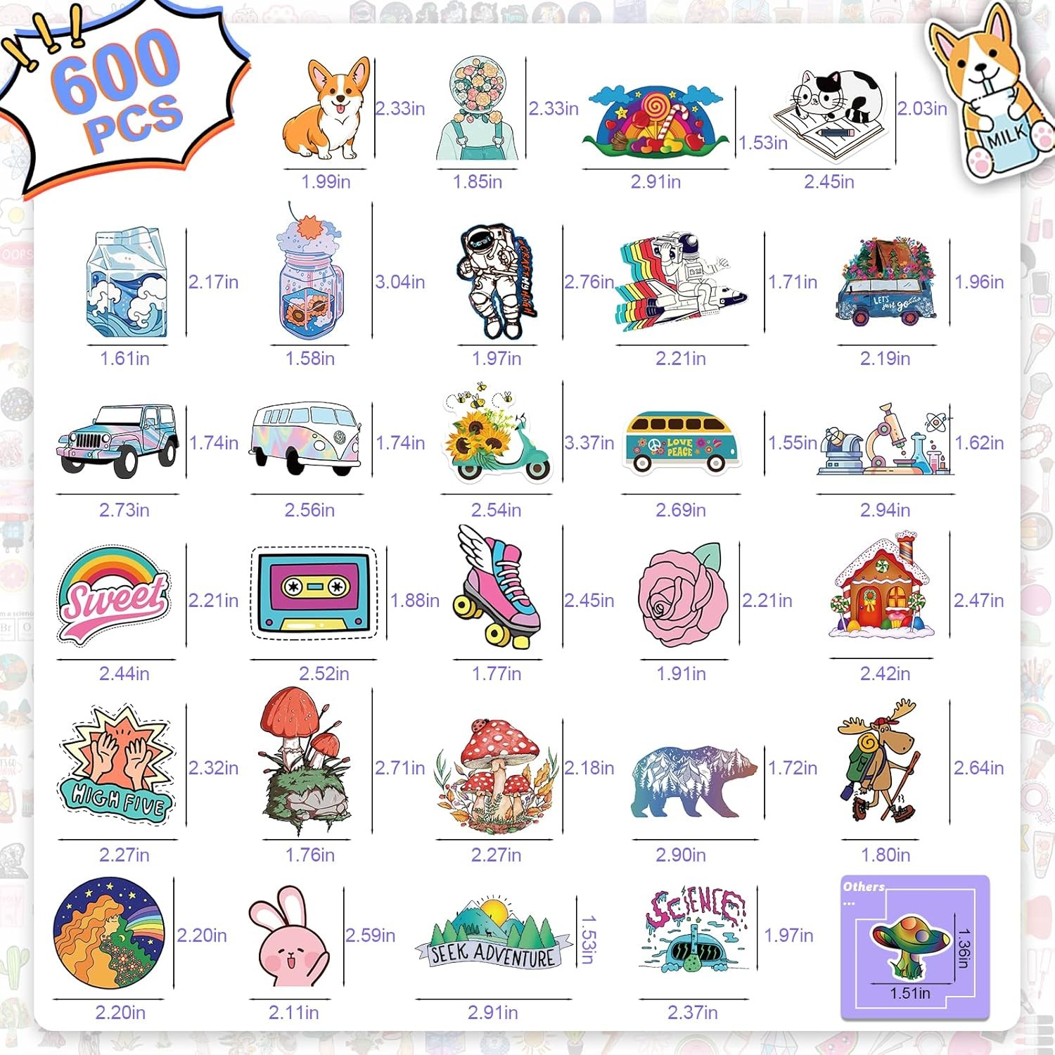 Arme 600 PCS Stickers Pack，Cute Colorful Waterproof Stickers，Vinyl Art Stickers.