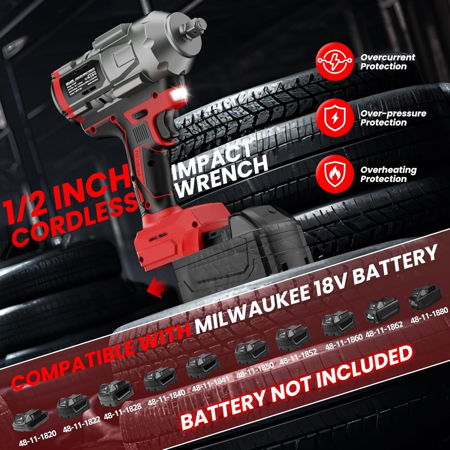 Cordless Impact Wrench 1/2 Inch for Milwaukee 18V Battery, Impact Wrench 1360N.M