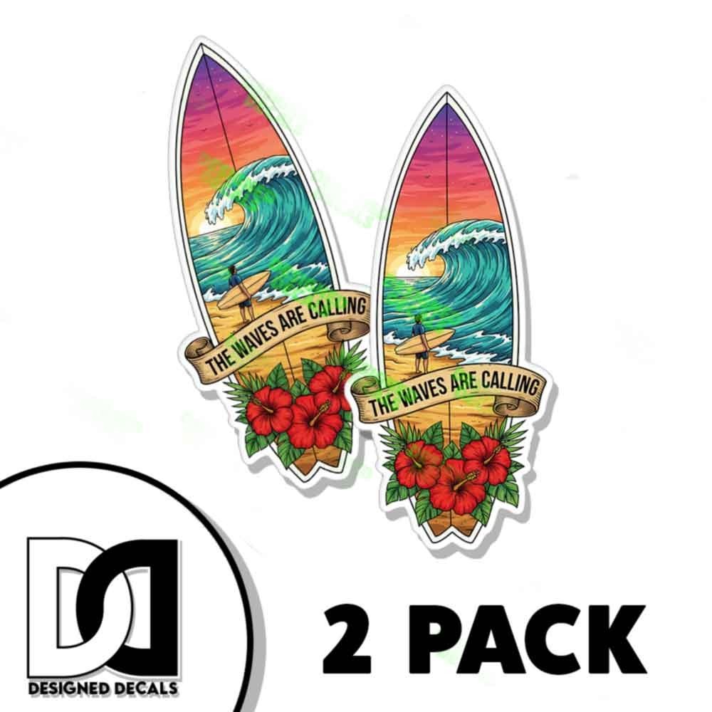 The Waves are Calling Surf Board Sticker Vinyl Decal Sticker DieCut Tropical 2PK
