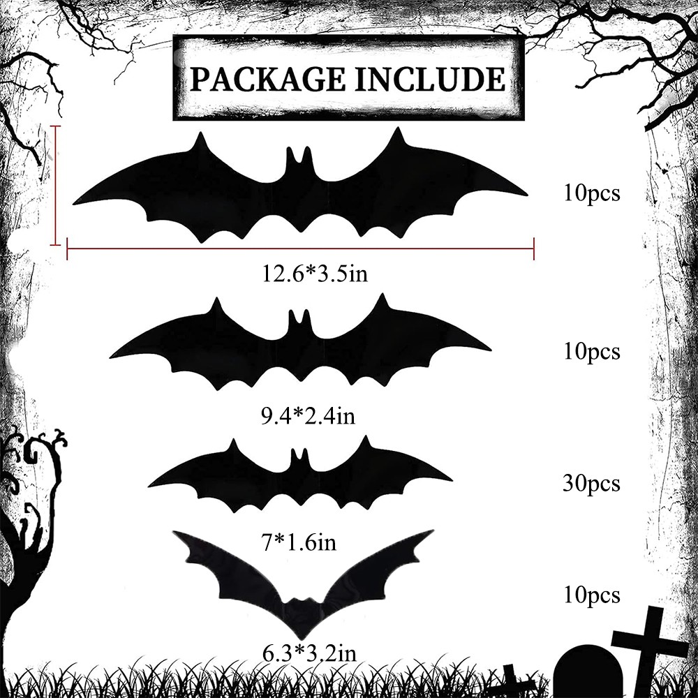 60PCS 3D Bats Scary Stickers Halloween Decoration Realistic PVC Home Party Decor