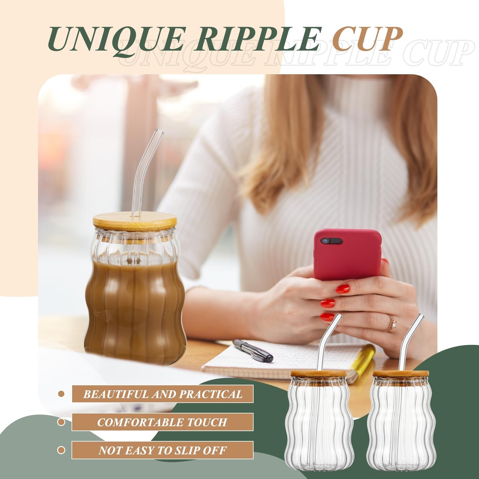 Domensi 2 Pcs 18 oz Creative Glass Cups with Lids and Straws Wave Shape Cute …