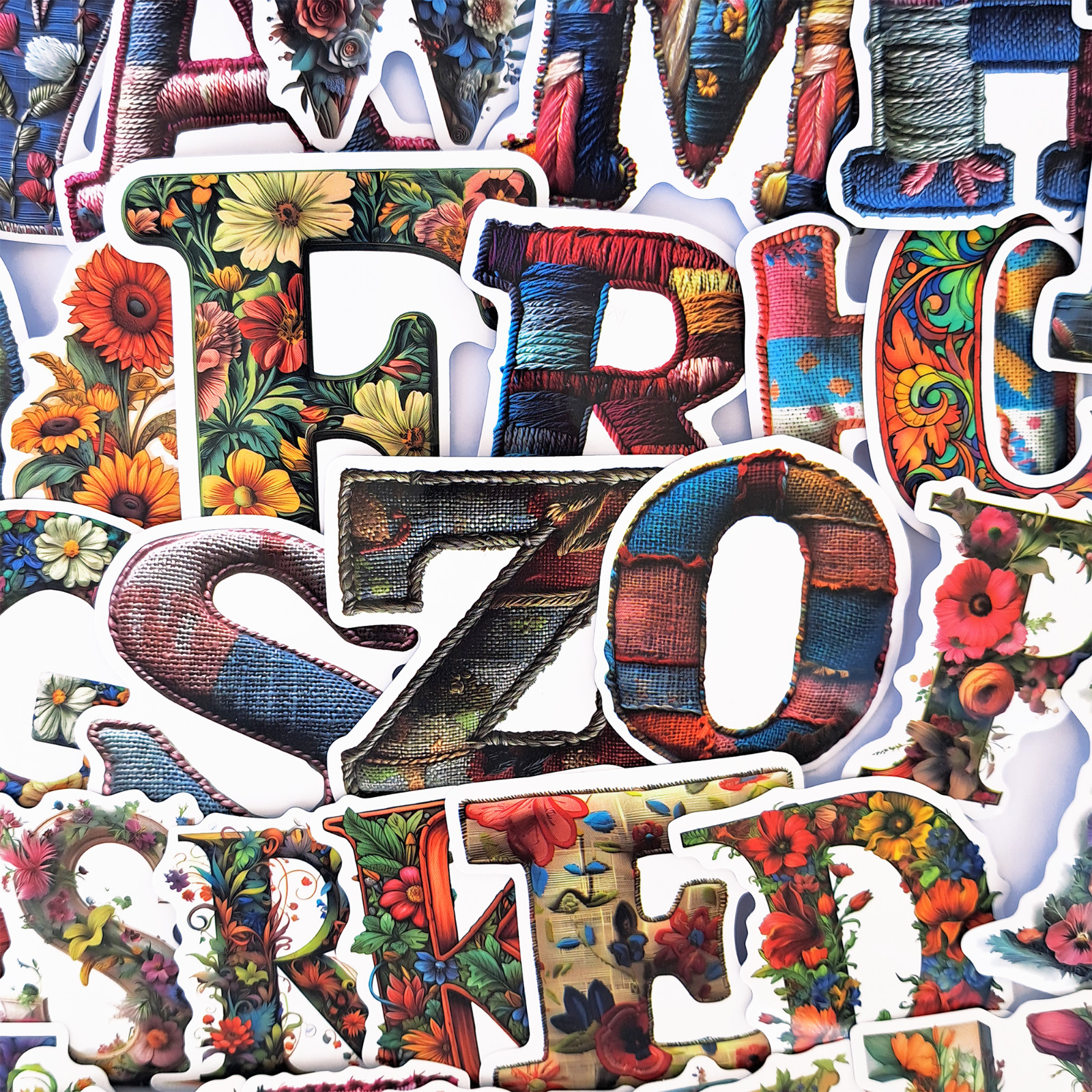 52 PCS Floral Alphabet Sticker Pack Knitted Patchwork Decorative Letters Crafts