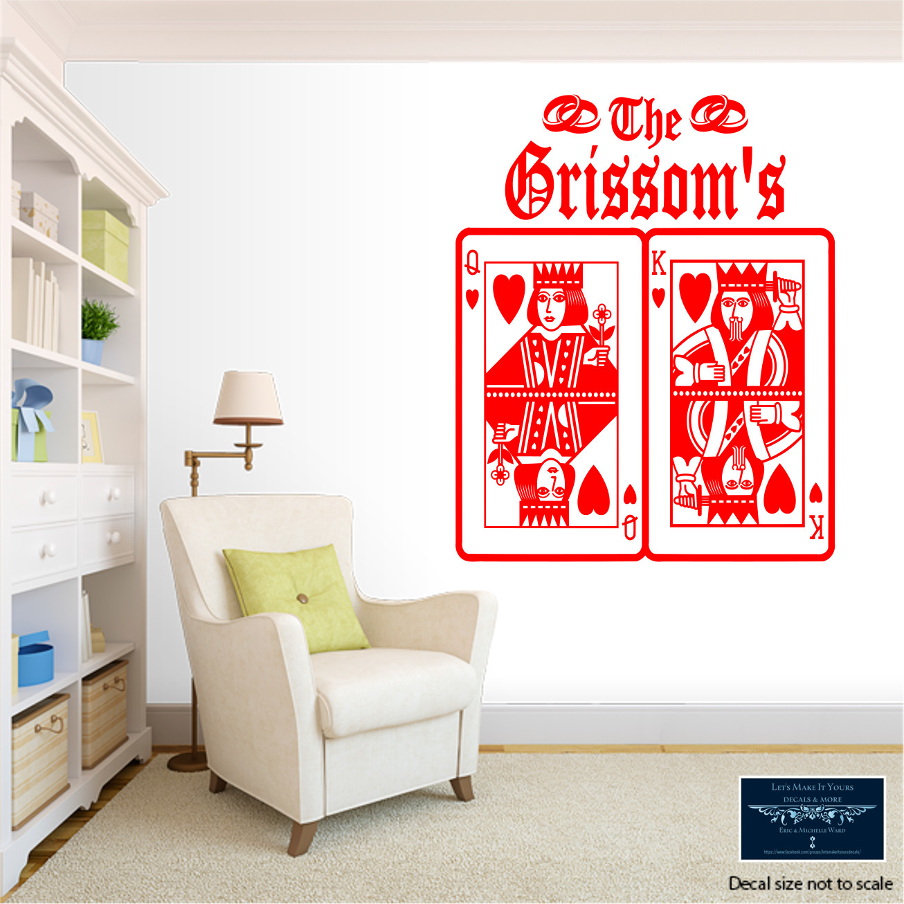 KING QUEEN HEARTS CARDS CUSTOM FAMILY NAME WEDDING RINGS WALL VINYL DECAL 22×28"