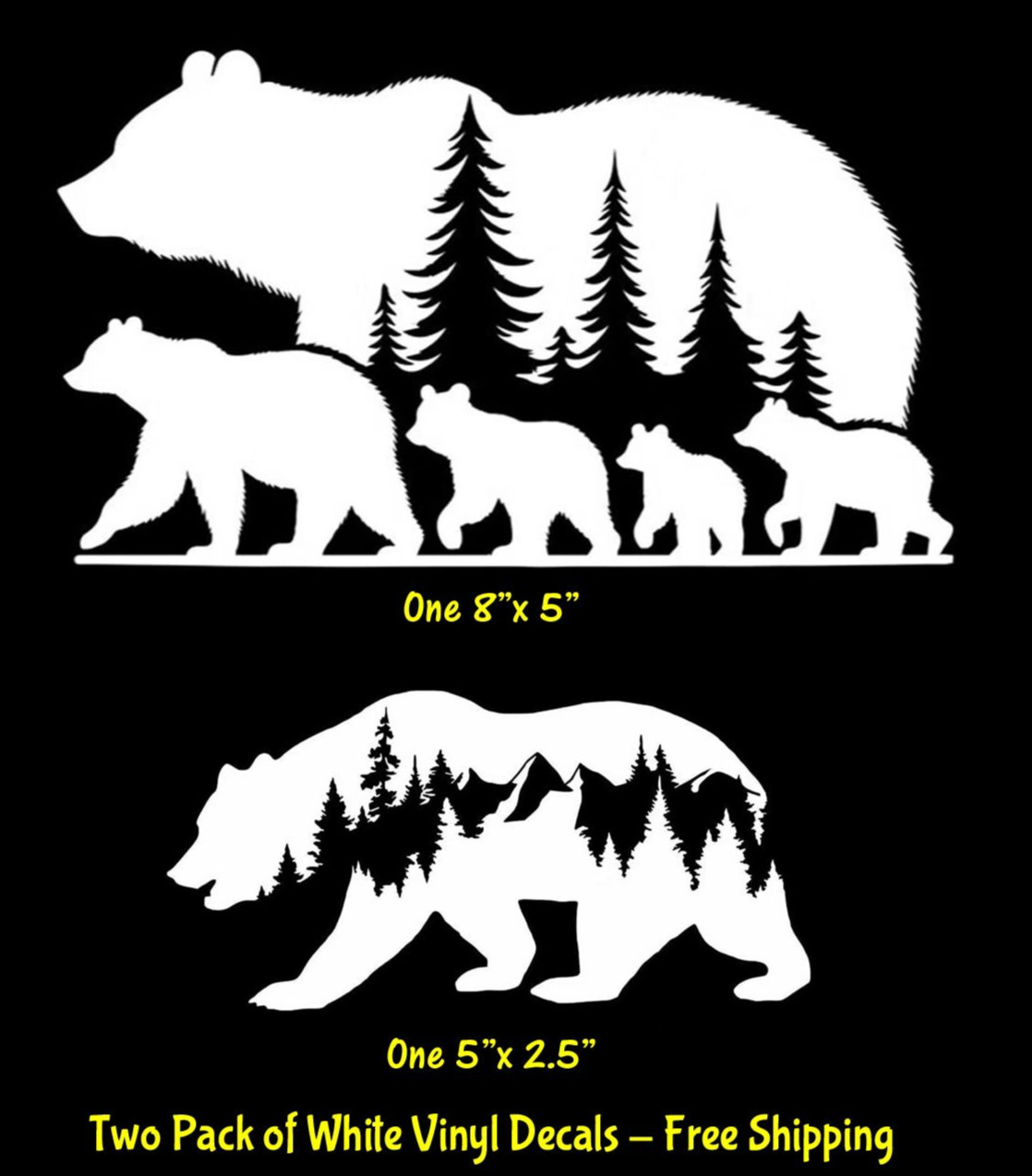 Bear Family Pine Forest & Bear Mountain Two Pack White Vinyl Decals Car Windows