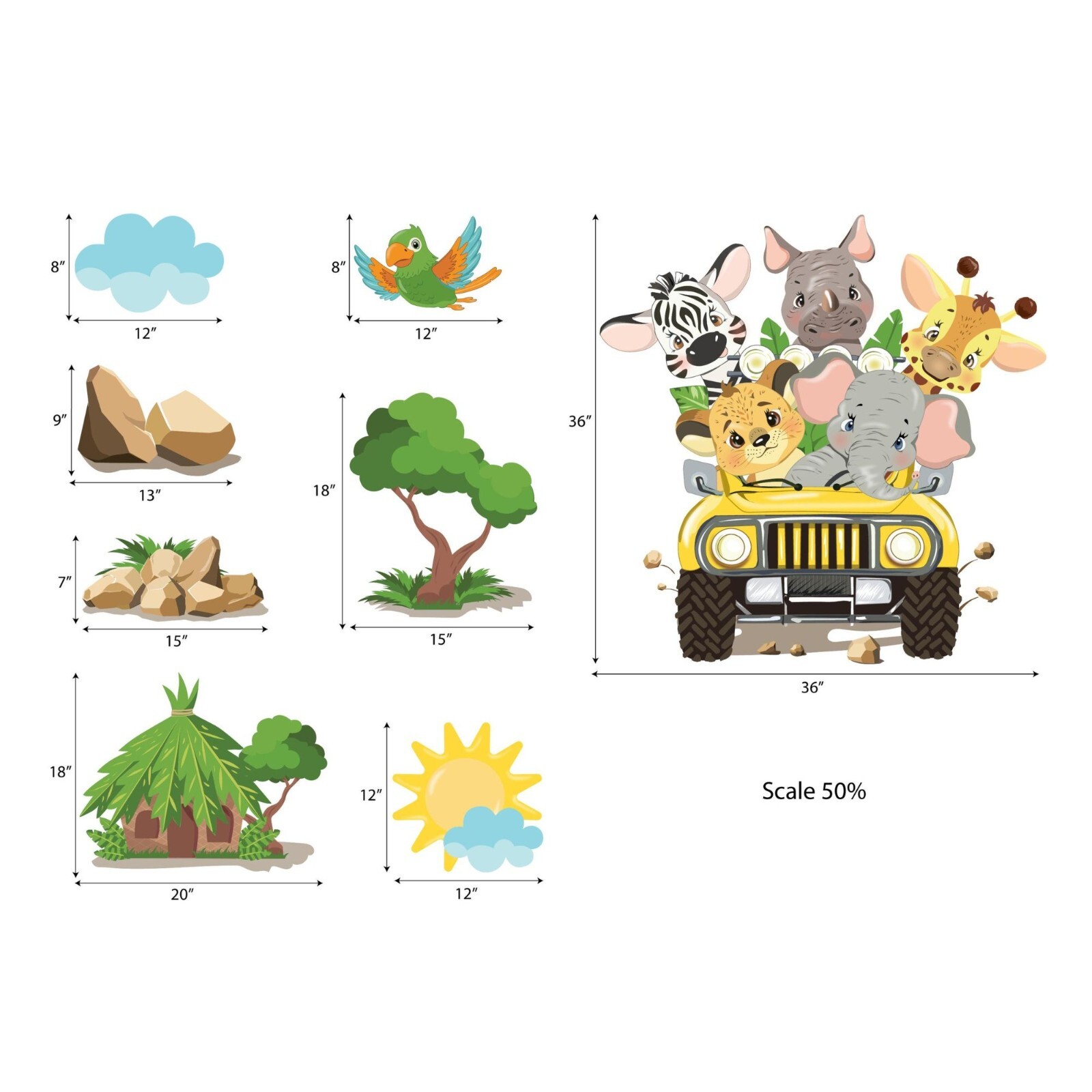 Safari Jeep Adventure Ride Set! Removable Wall Decals. Great For Any Kid's Room!