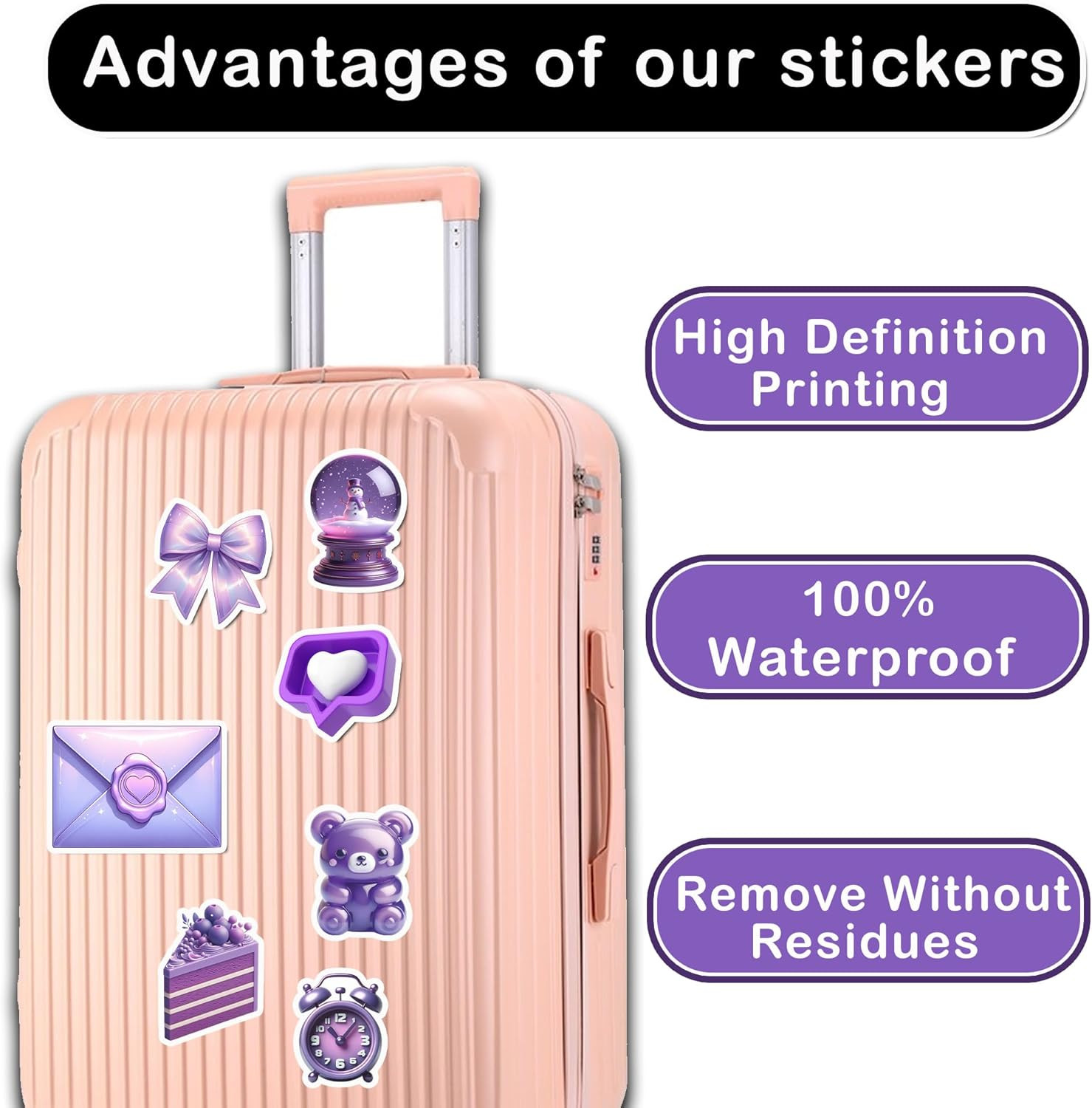 Kawaii Purple Sticker Pack 50 Cute Waterproof Vinyl Decals for Laptop Phone