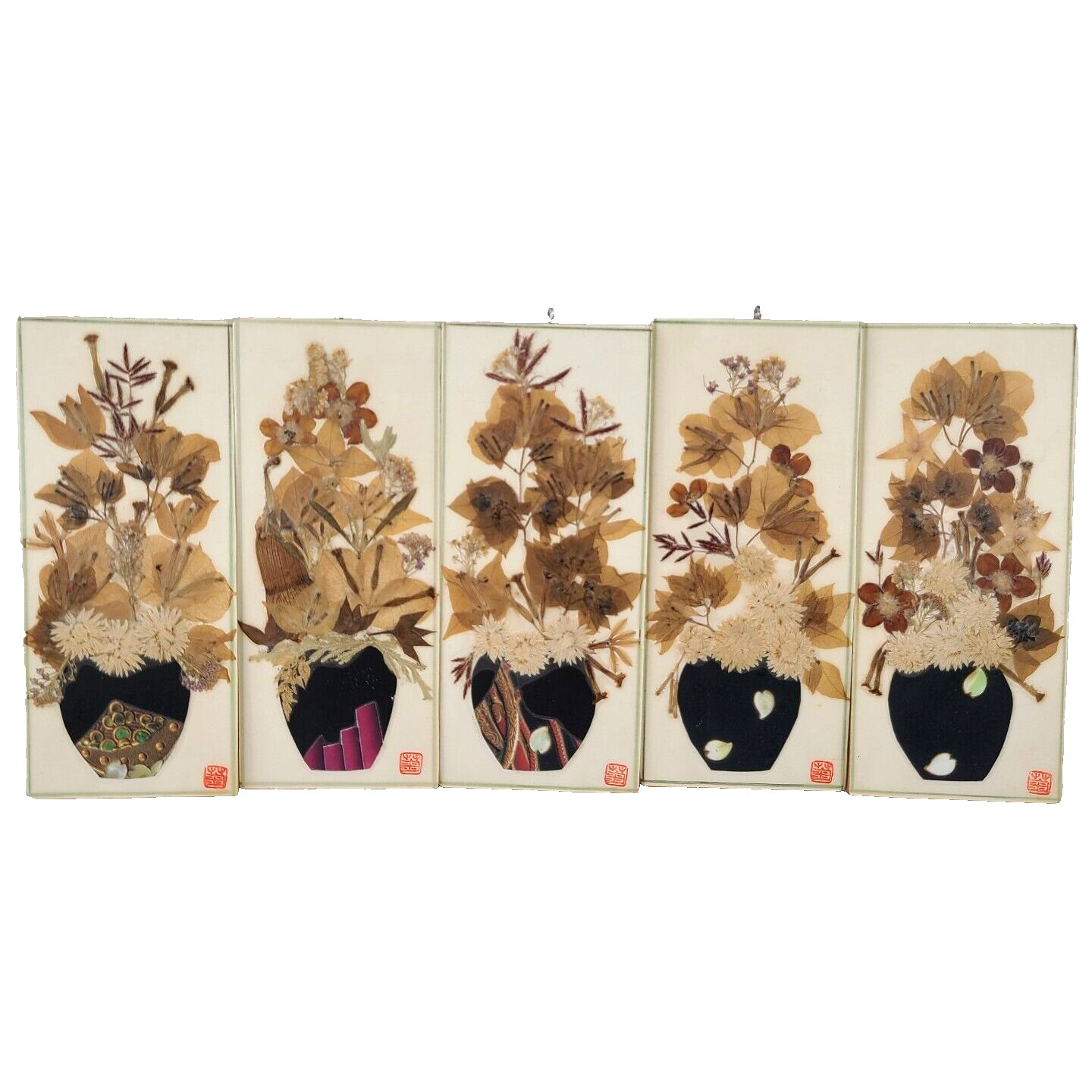 Set of 5 Asian Pressed Flower Art Panels Botanical Oshibana Style Wall Hanging